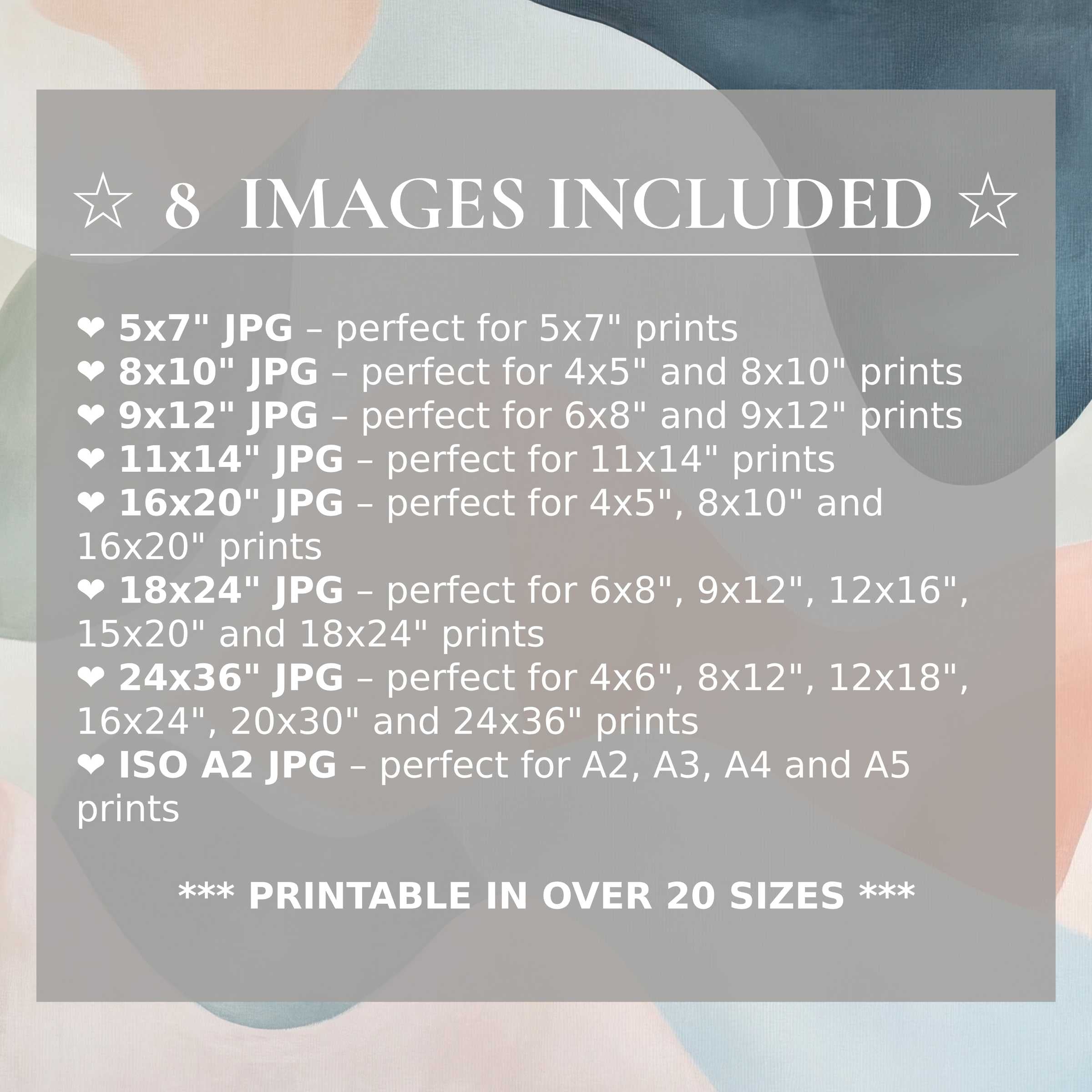 Radiant abstract digital print in soft blues, blush, and gray tones, elevating modern interiors with effortless style; includes 8 HQ sizes