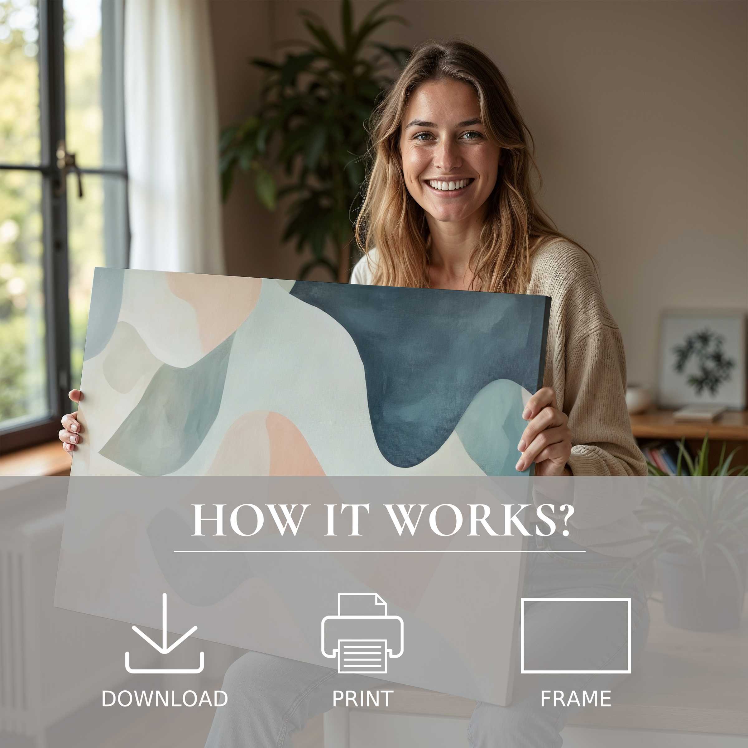 A serene moment of joy with an abstract digital art print in soft blues and neutrals, elevating stylish living spaces