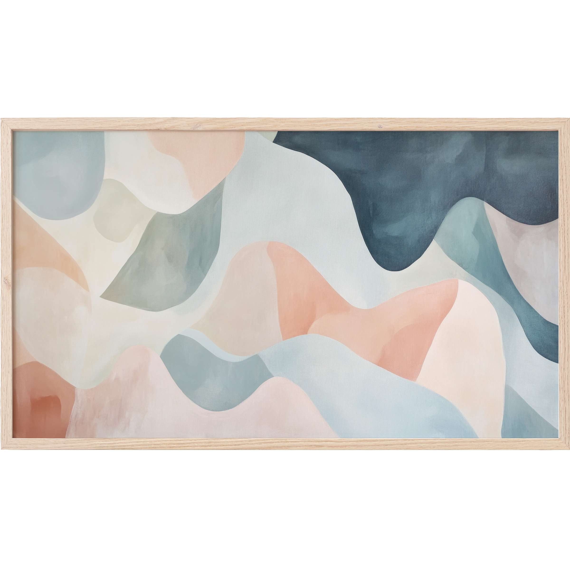 Elegant abstract Frame TV Art with soft pastel waves in muted blues, peaches, and creams for a modern home