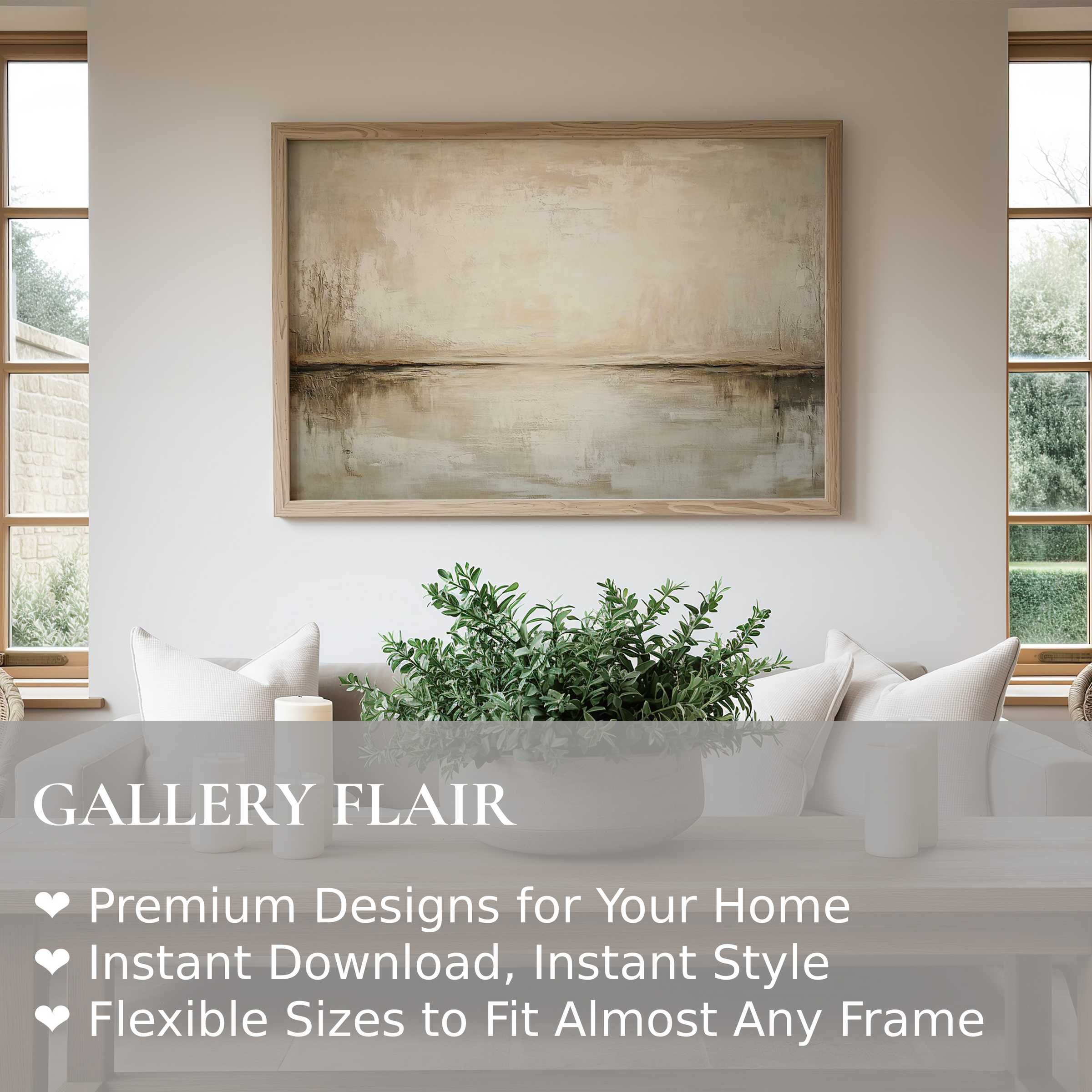 Vintage wall art print with serene, textured horizon in soft neutrals elevates this modern minimalist living room, adding calm elegance