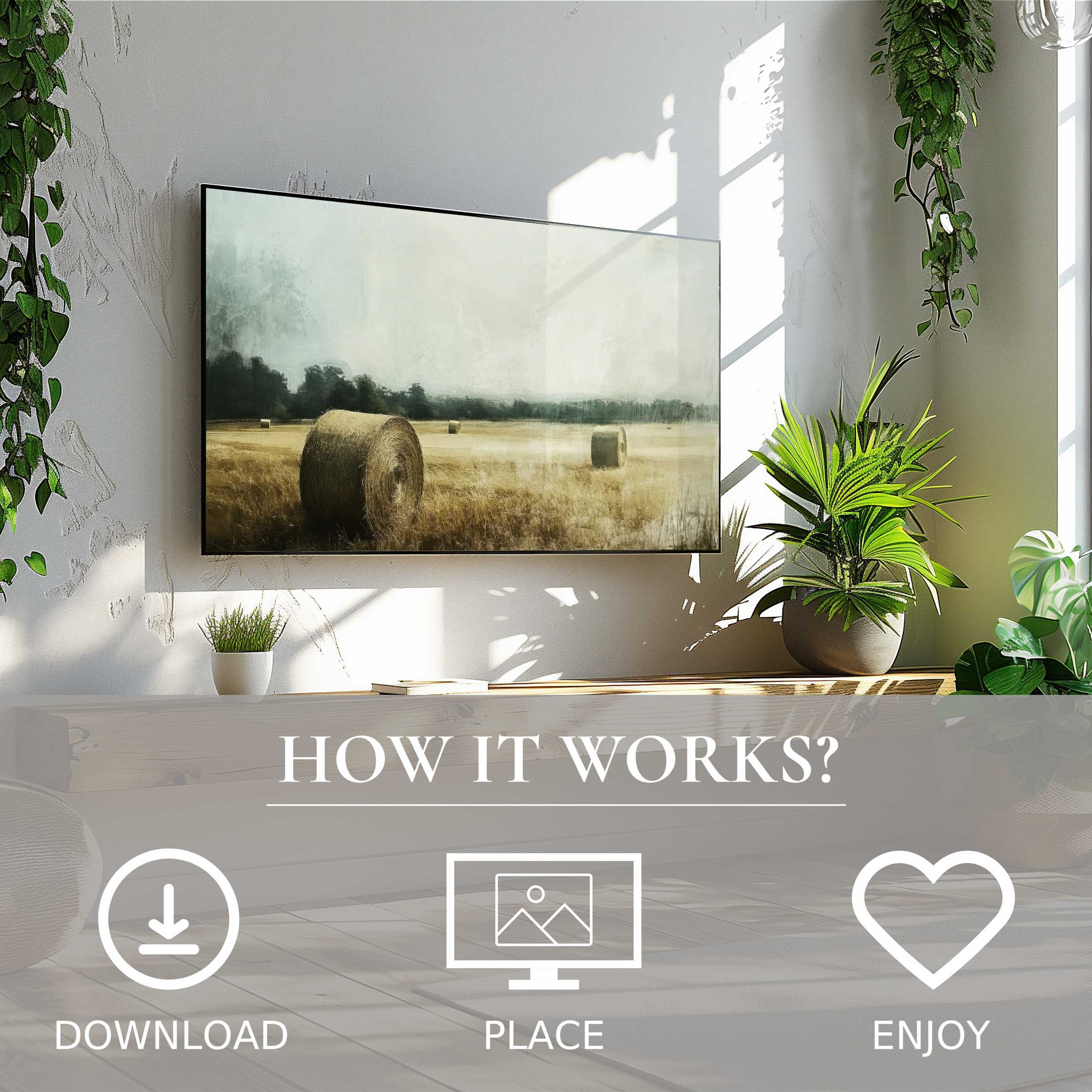 Modern living room with landscape art for Samsung TV, digital download; features soft, muted hayfield tones, enriching space