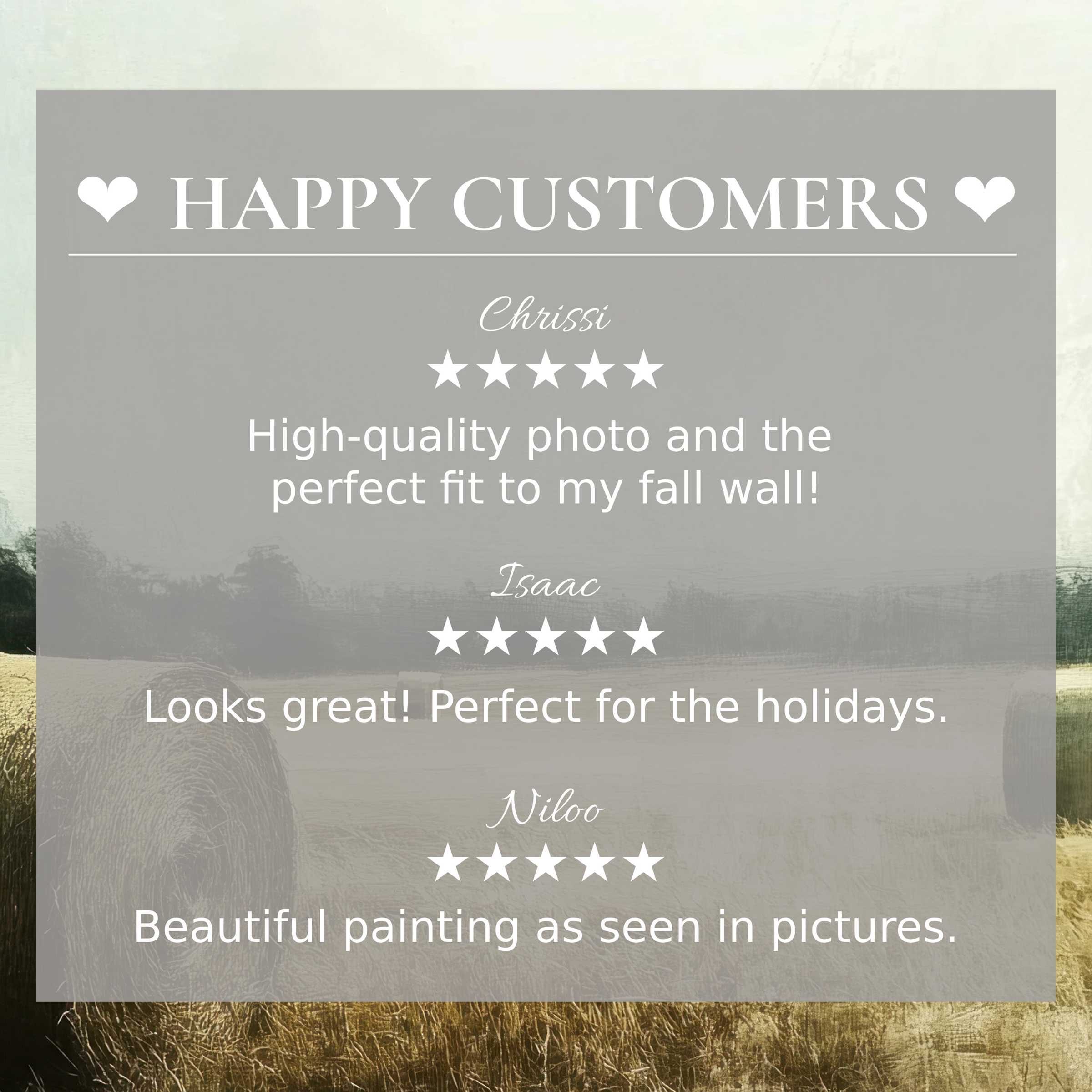 Refined landscape art for Frame TV with hay bale fields; happy customer reviews enhance trust and elegant appeal