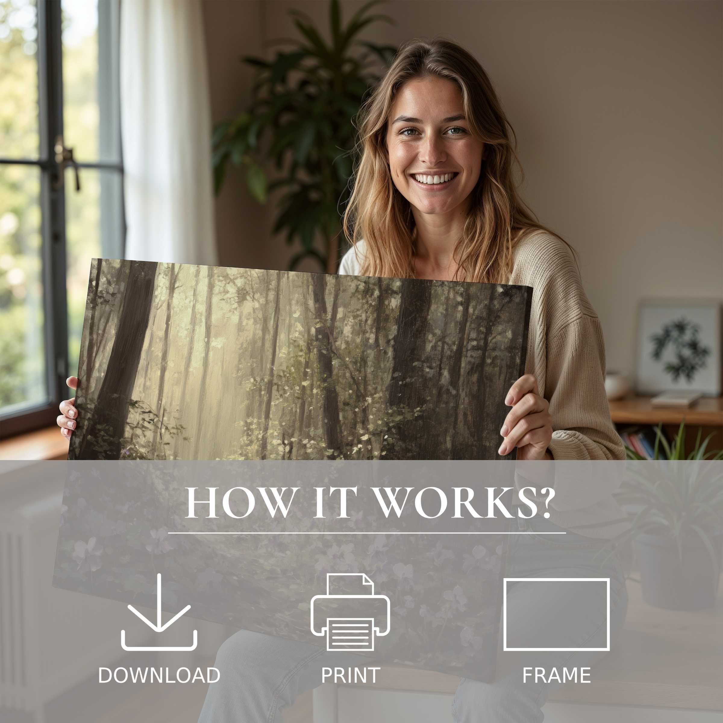 Woman radiates joy in a modern home, embracing a botanical digital art print that brings serene nature indoors