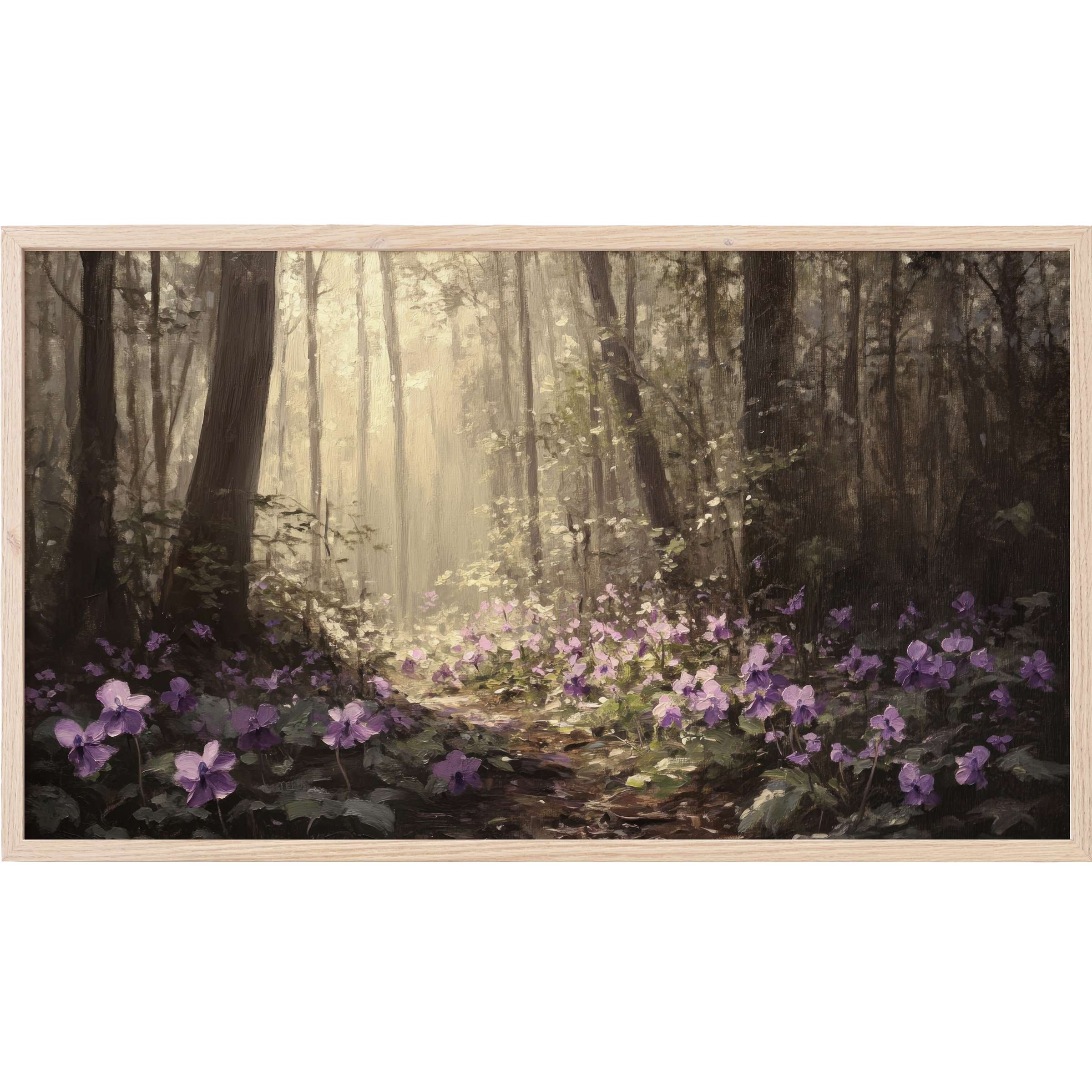 Botanical Frame TV Art showing a misty forest path with gentle light and soft purple flowers in an elegant, natural palette