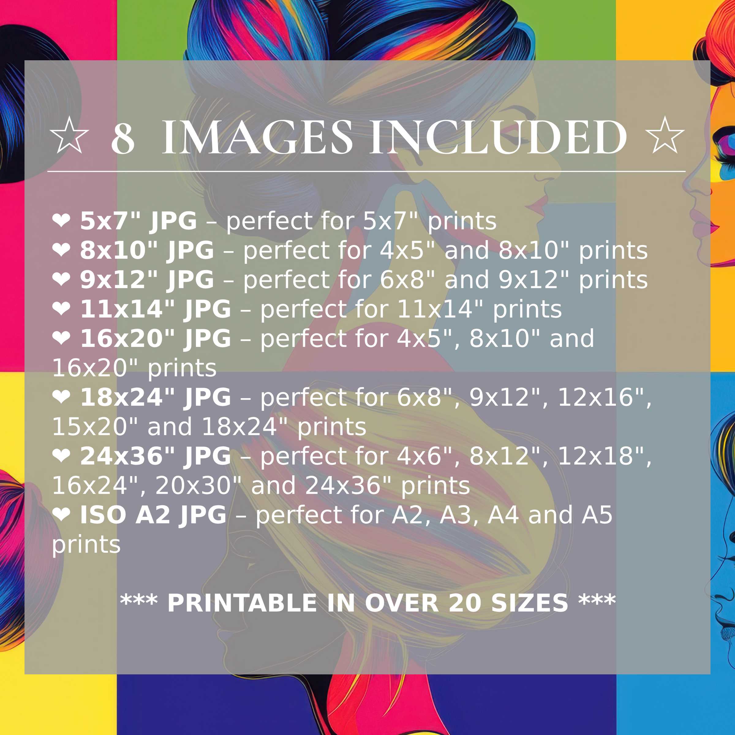 Radiant pop art digital print infused with vibrant blues, pinks, and yellows, delivered in 8 high-quality sizes included for effortless elegance and style in modern interiors