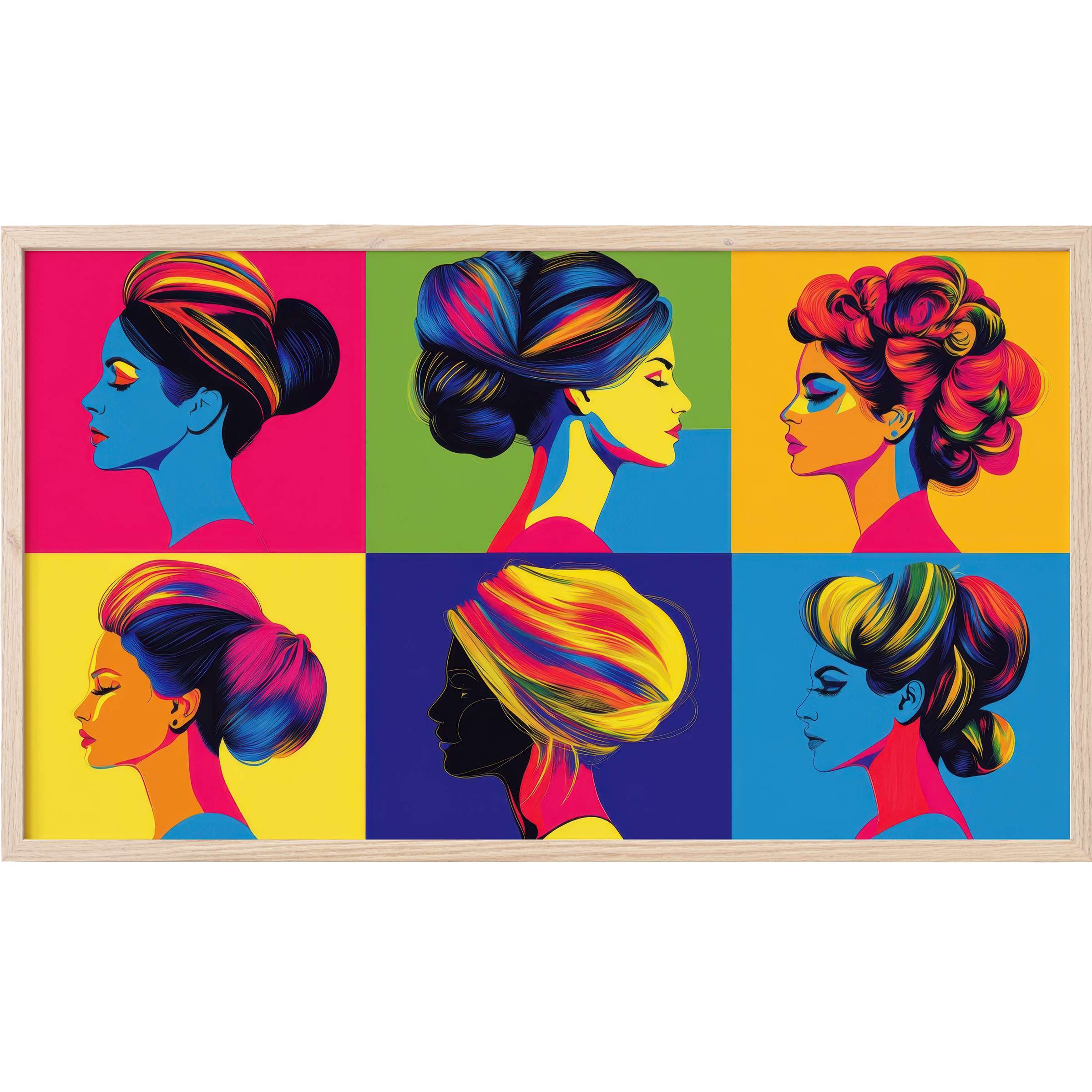 Pop art Frame TV Art featuring vibrant, multicolored female profiles with bold hair and makeup in a sleek grid layout