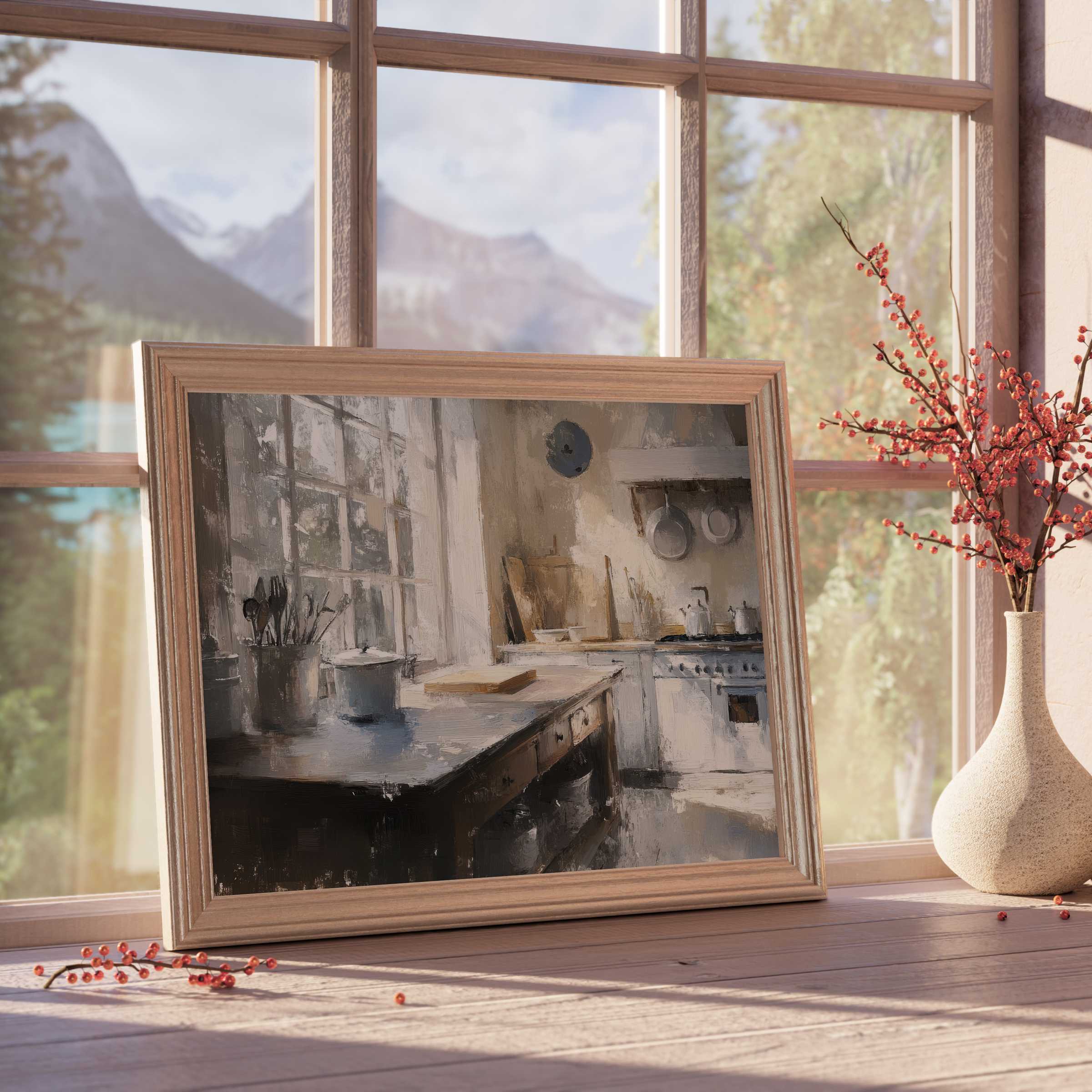 Rustic charm meets modern elegance in this farmhouse downloadable art, evoking warm, tranquil kitchen moments in curated interiors