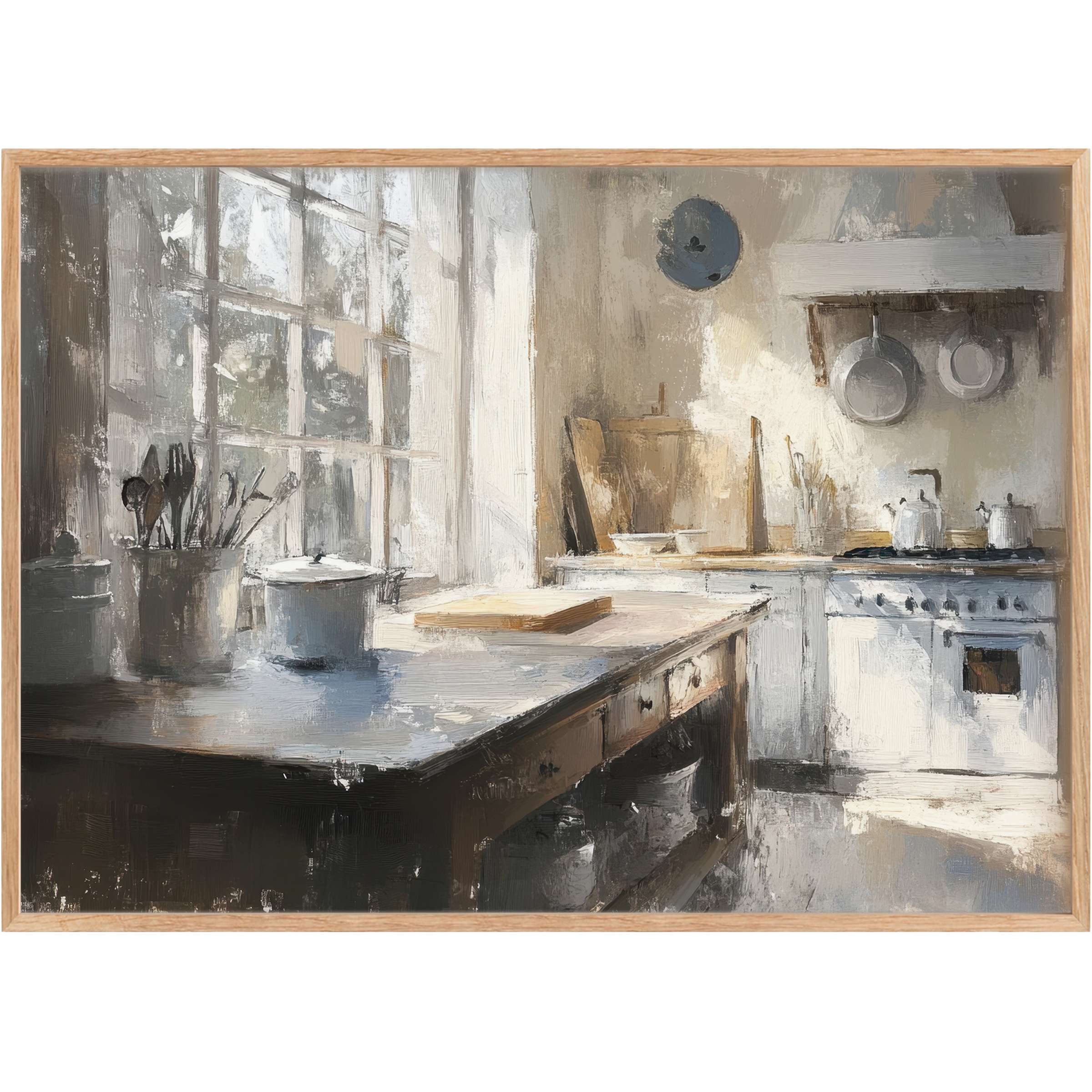 Serene farmhouse printable wall art capturing soft morning light in muted grays and warm creams, evoking calm elegance