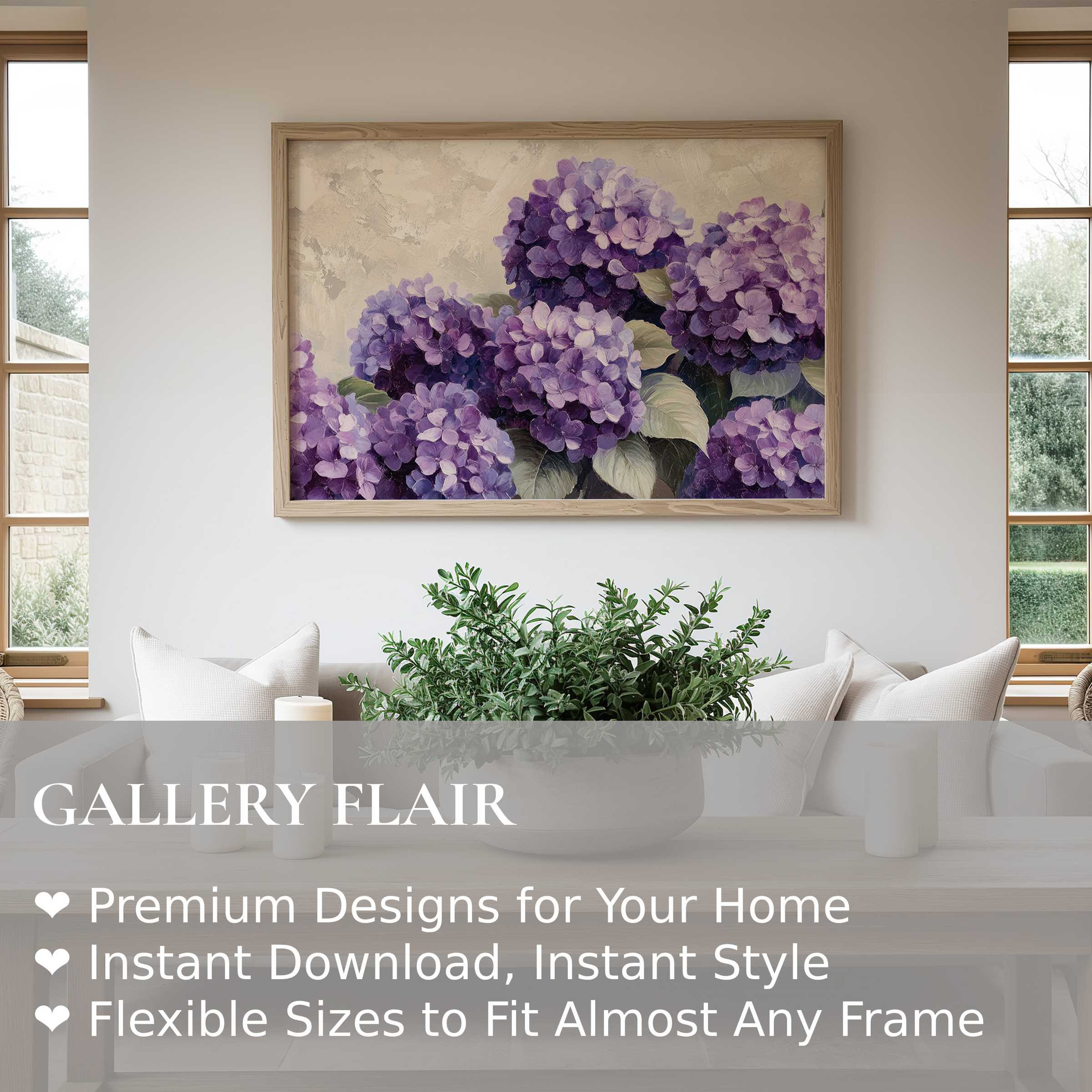 Lavish floral wall art print featuring radiant purple hydrangeas, enhancing a modern minimalist living room with serene, nature-inspired elegance