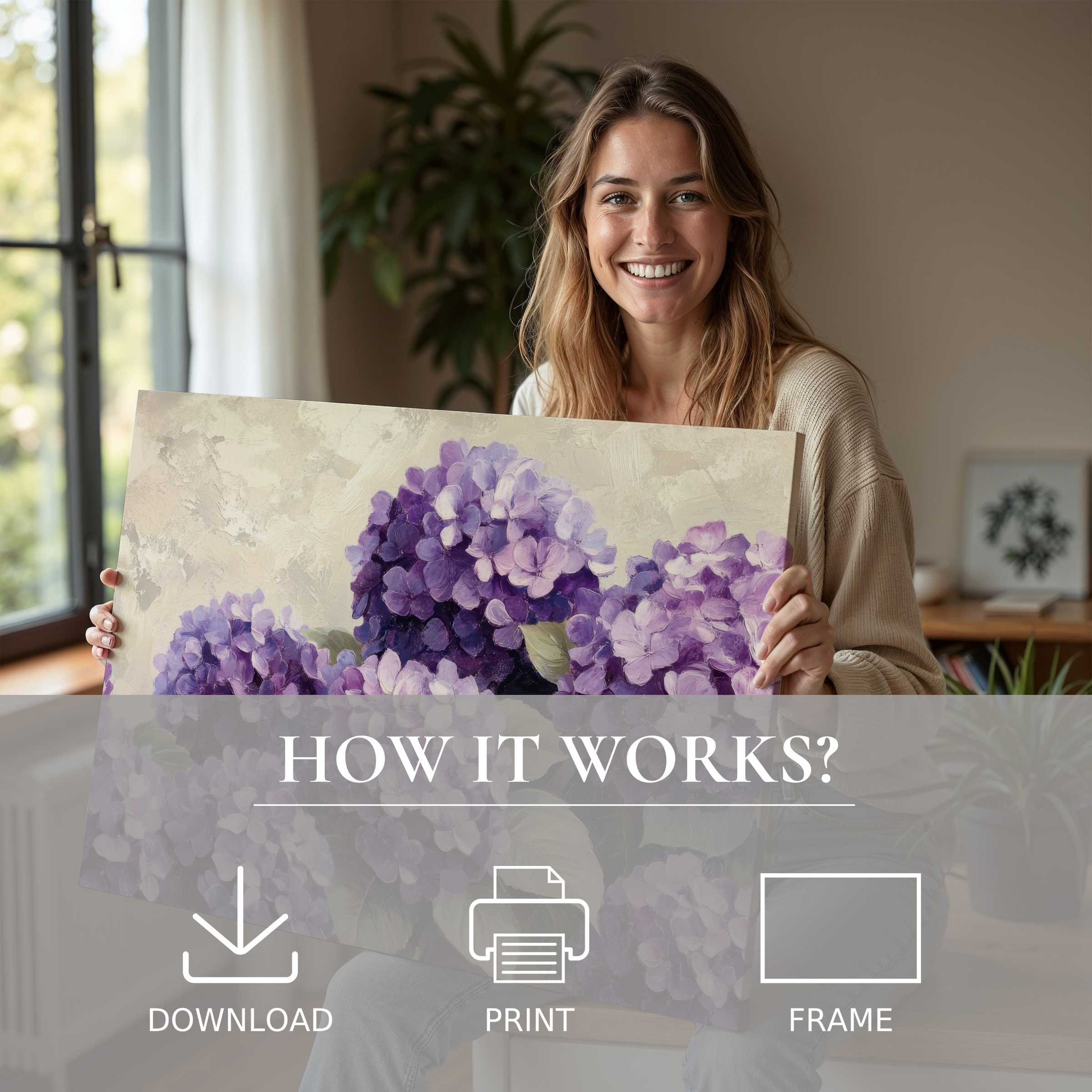 A serene moment of joy with floral digital art print in soft purples, embodying effortless elegance and the warmth of inspired living
