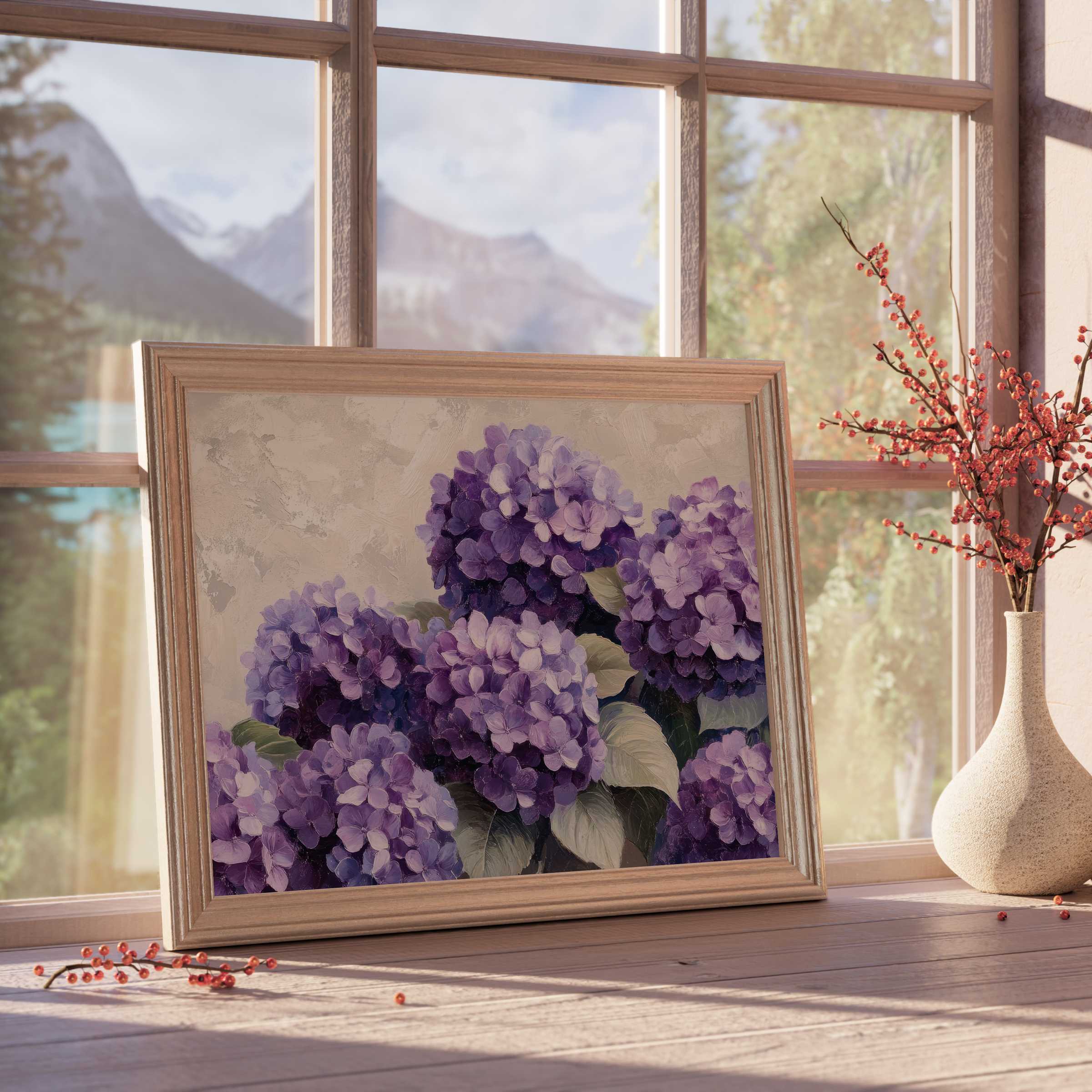 Elegant floral downloadable art featuring lush purple hydrangeas in a warm, serene setting-perfect for stylish, tranquil interiors