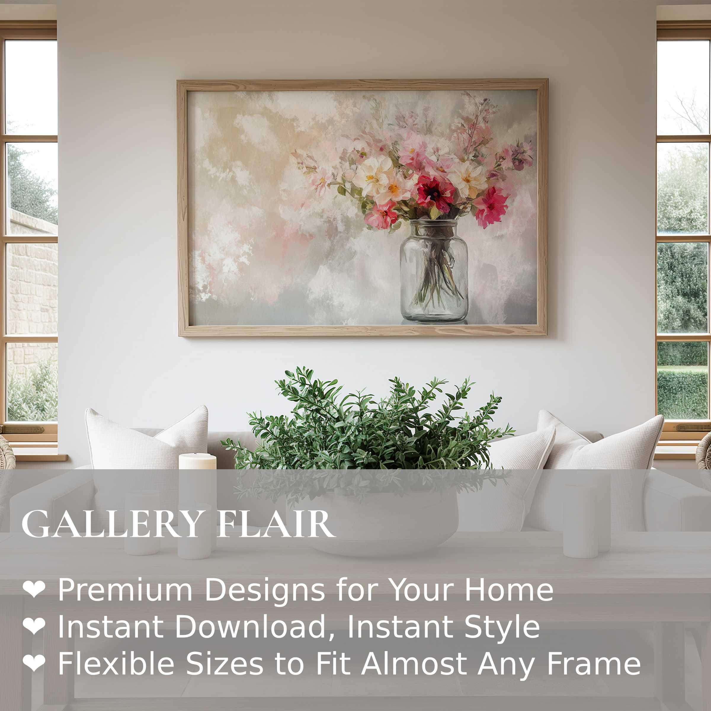 Elegant spring wall art print featuring a soft bouquet in a glass jar, radiating calm in a modern minimalist living room