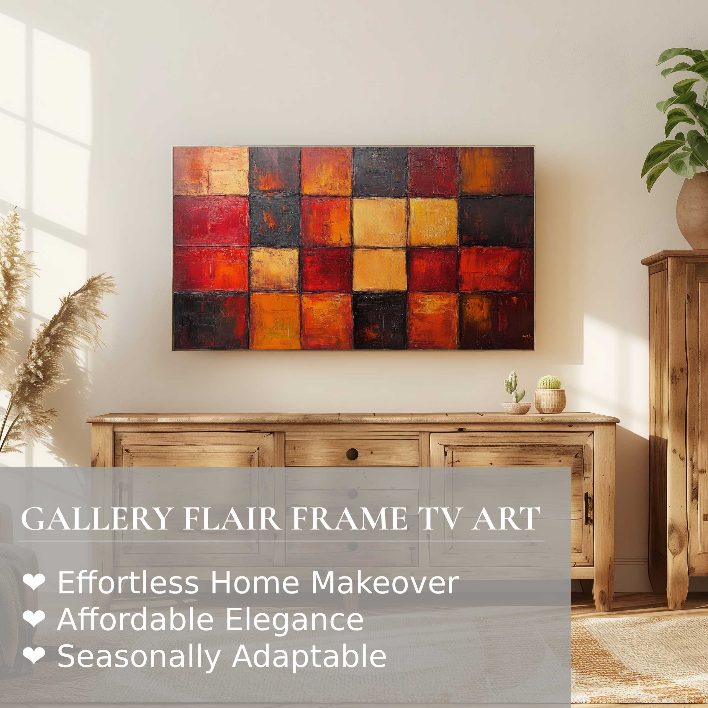 Samsung Frame TV displaying warm, textured modern digital artwork in a cozy, elegant living space with natural wood decor