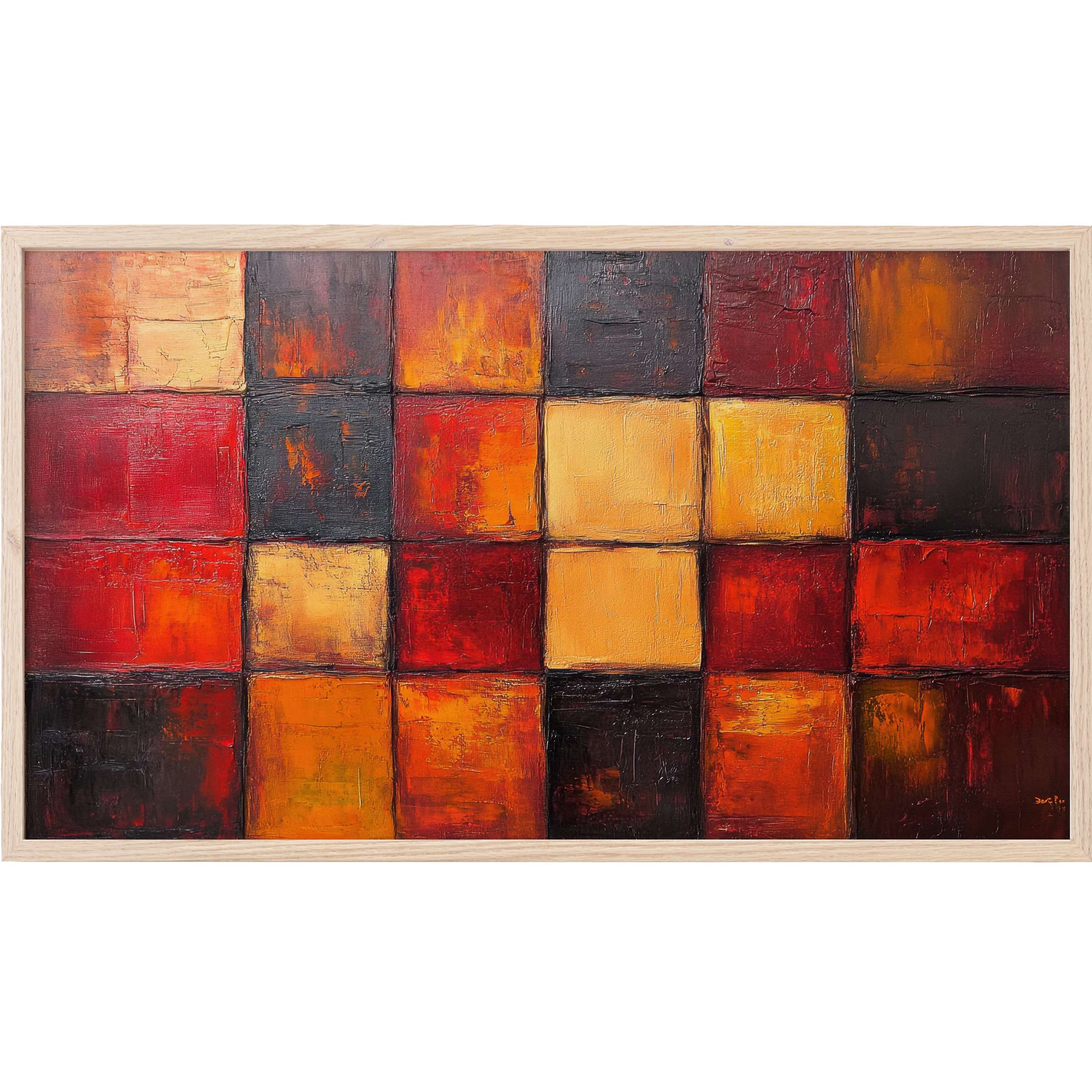 Abstract grid of textured squares in warm reds, oranges, and yellows with dark accents, perfect modern Frame TV Art