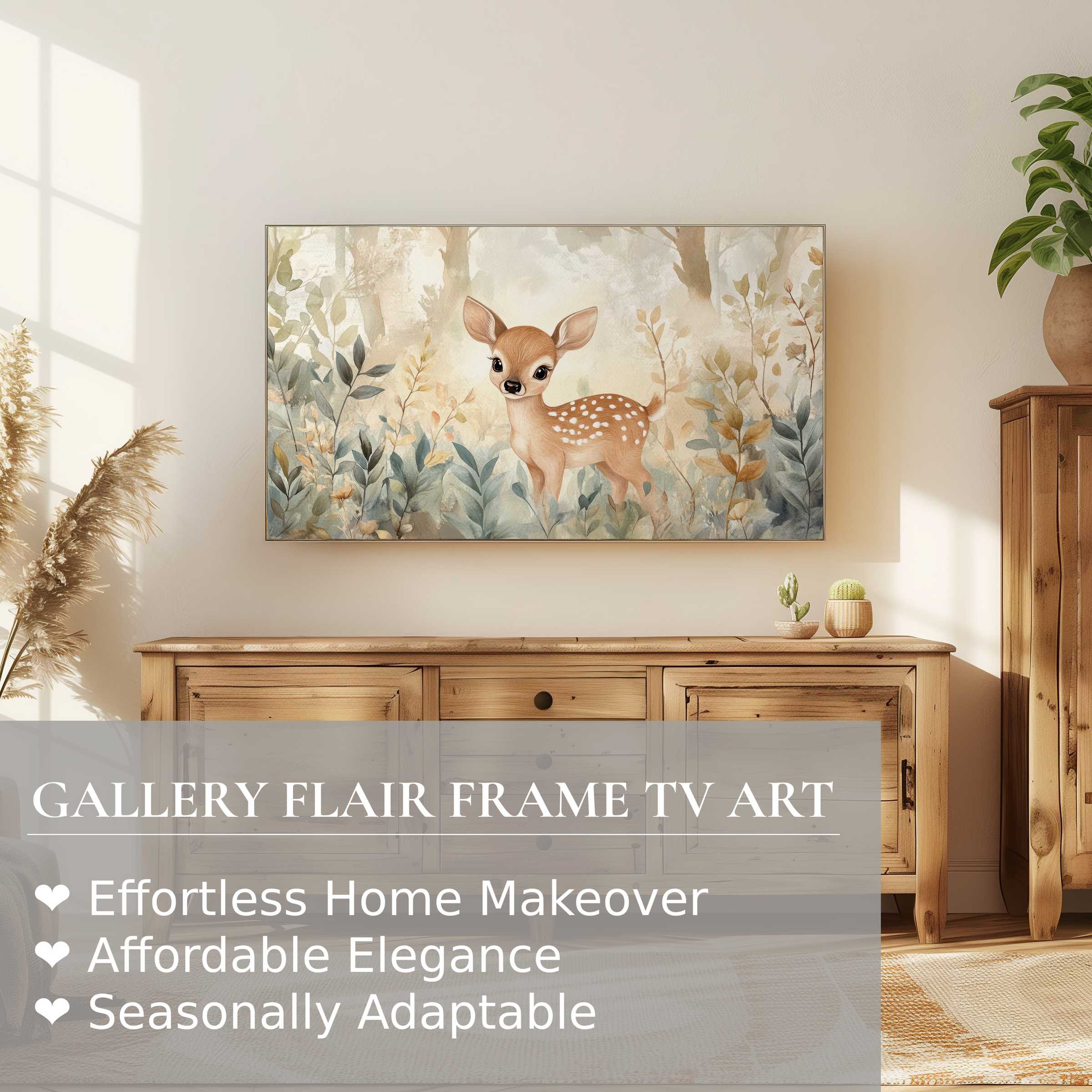 Samsung Frame TV displays elegant nursery digital artwork of a delicate fawn amidst soft botanical hues
