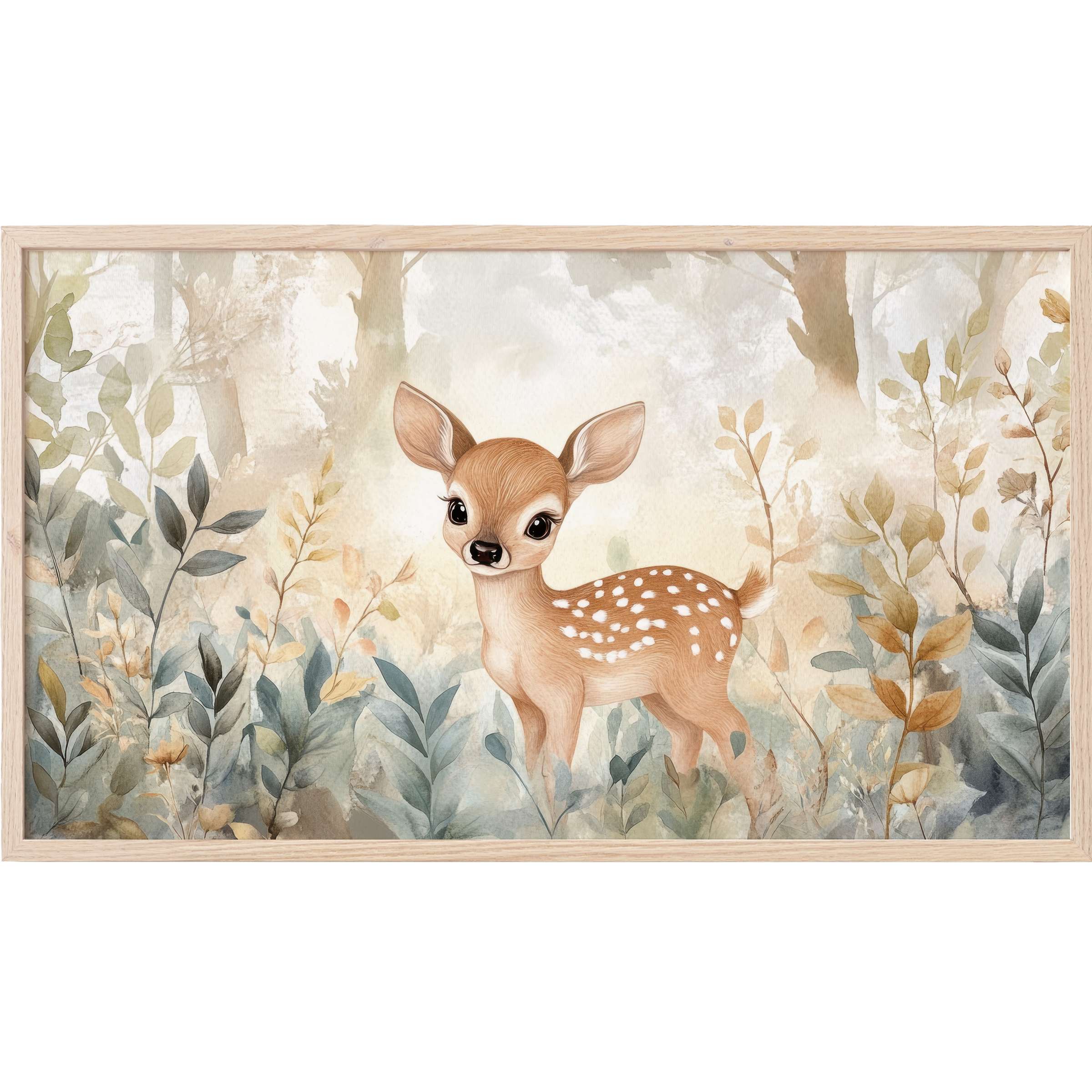 Charming fawn in soft earthy tones amidst delicate foliage, a serene nursery Frame TV Art perfect for modern spaces