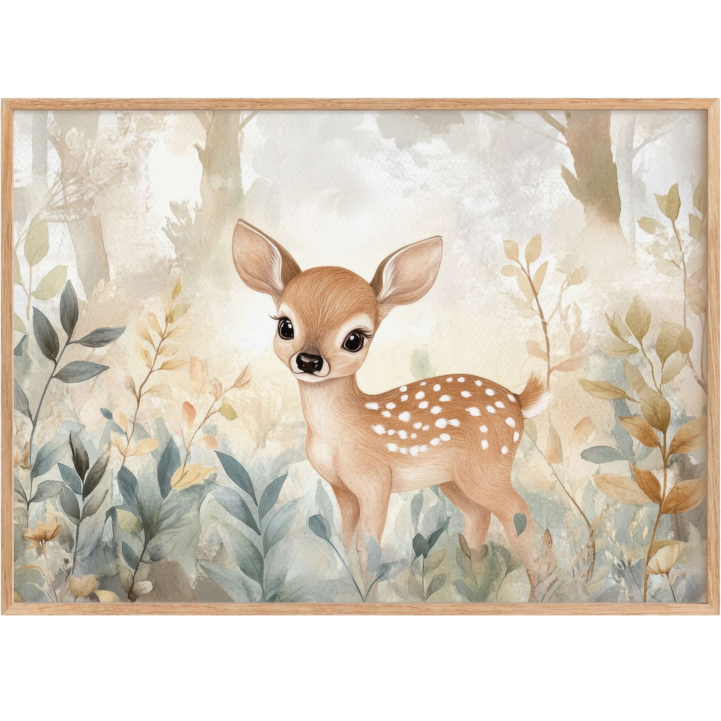 Charming nursery printable wall art featuring a delicate fawn amidst soft sage and warm beige foliage, creating a serene, enchanting ambiance