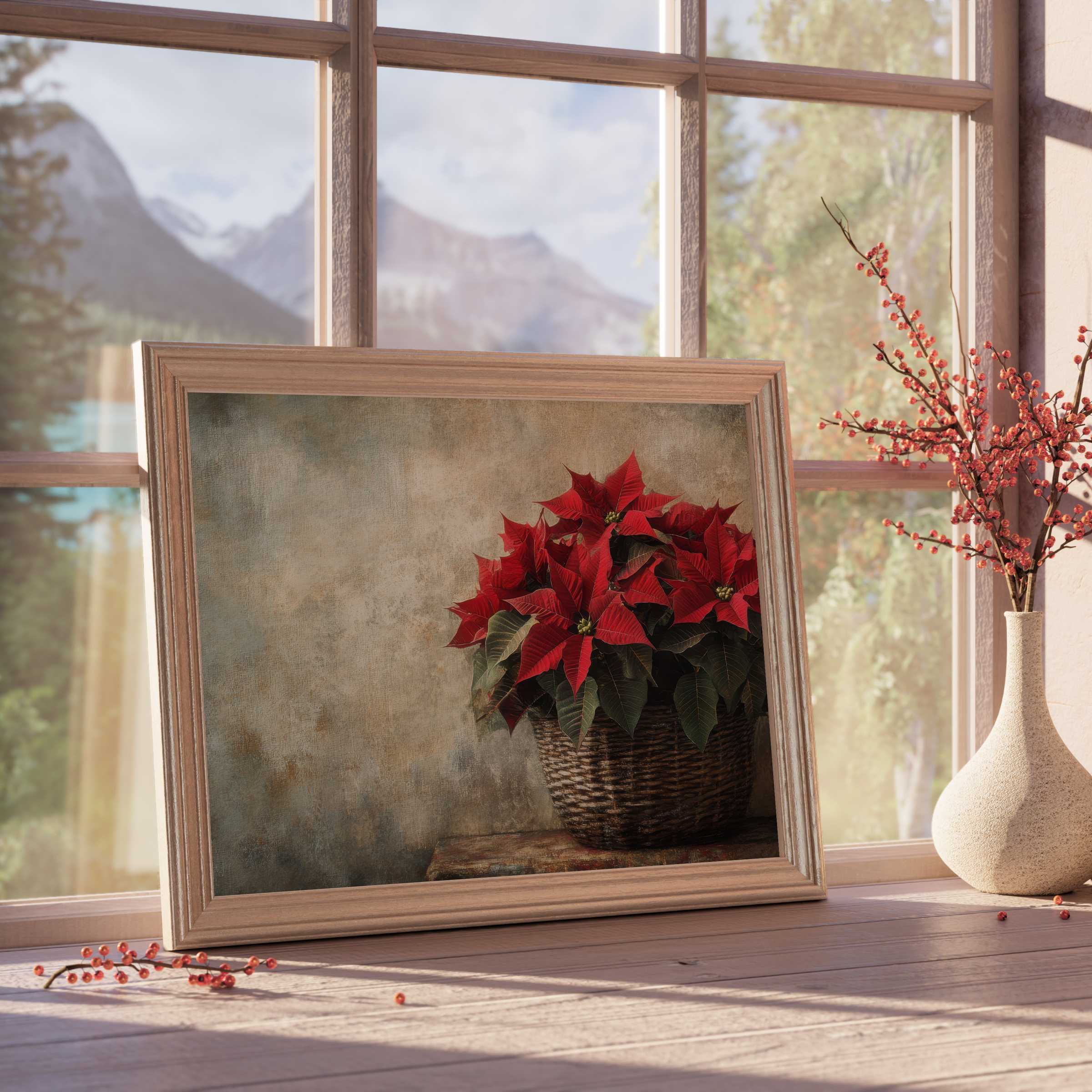 Elegant Christmas downloadable art featuring a vibrant poinsettia in rustic wicker, enriching tranquil, design-forward interiors with warm festive charm