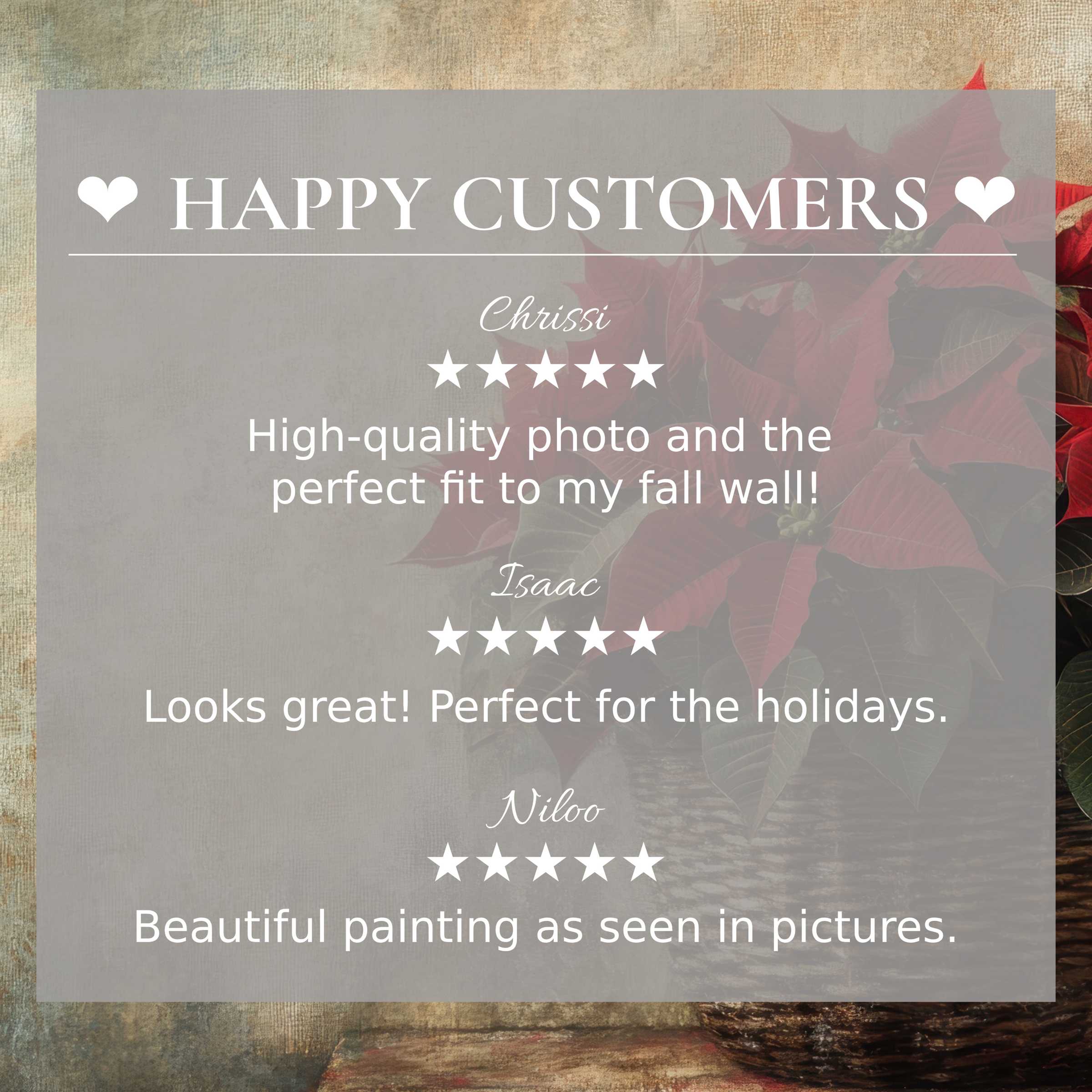 Elegant poinsettia background with glowing reviews exuding trust and style for christmas art for Frame TV, happy customer