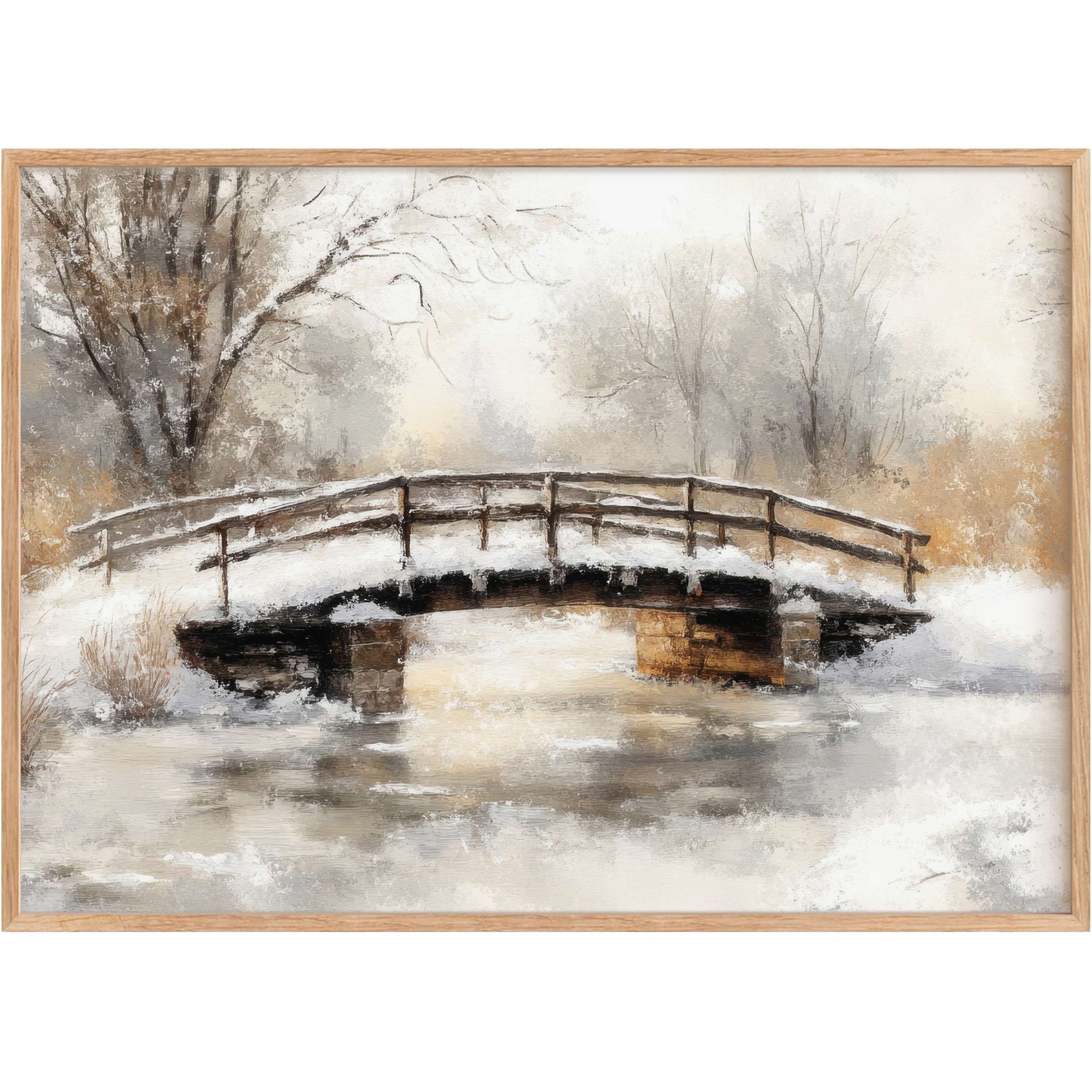 Winter printable wall art capturing a serene snow-dusted bridge, blending soft grays and warm browns for a tranquil, elegant ambiance