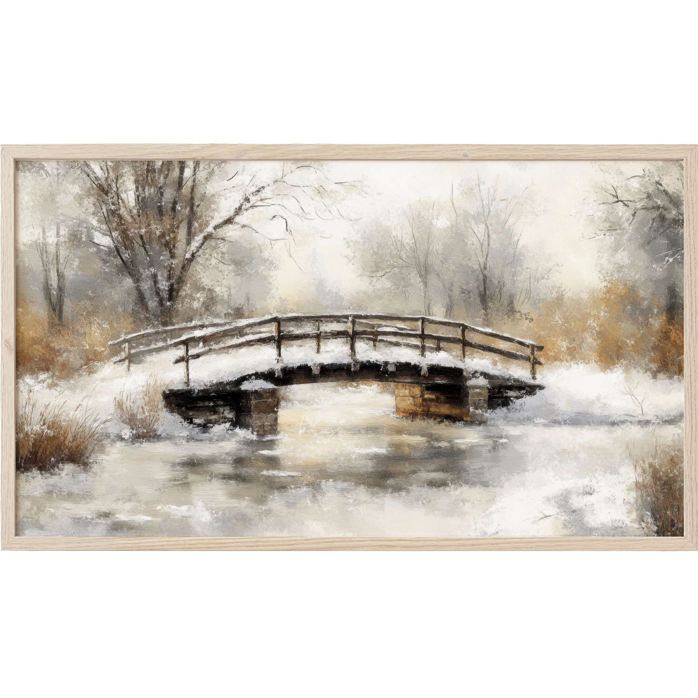 Serene winter landscape with a snow-covered wooden bridge, soft neutrals and warm browns in winter Frame TV Art