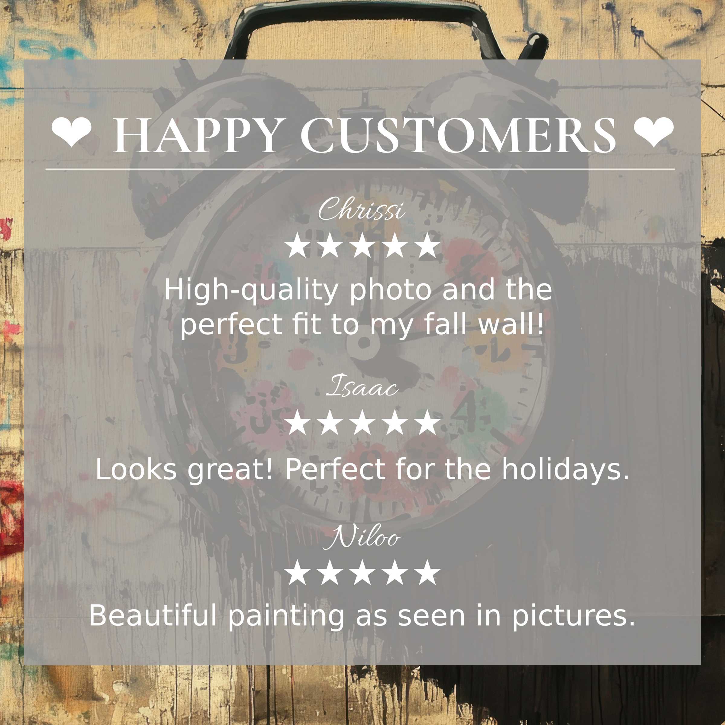 Elegant street art for Frame TV with abstract sunset tones, showcasing happy customer reviews to build trust