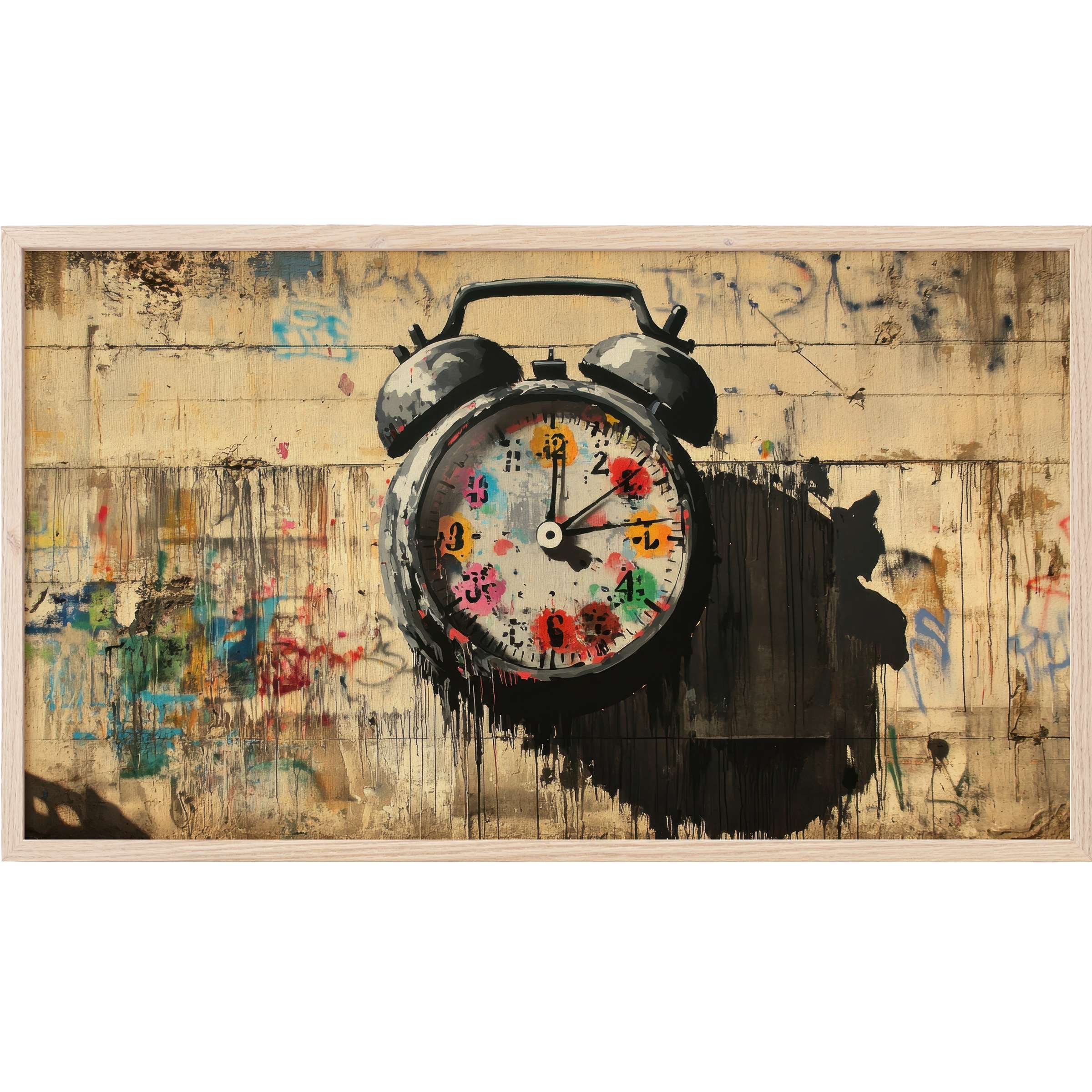 Street art Frame TV Art featuring a vibrant, dripping alarm clock with multicolor numbers on a grungy wall