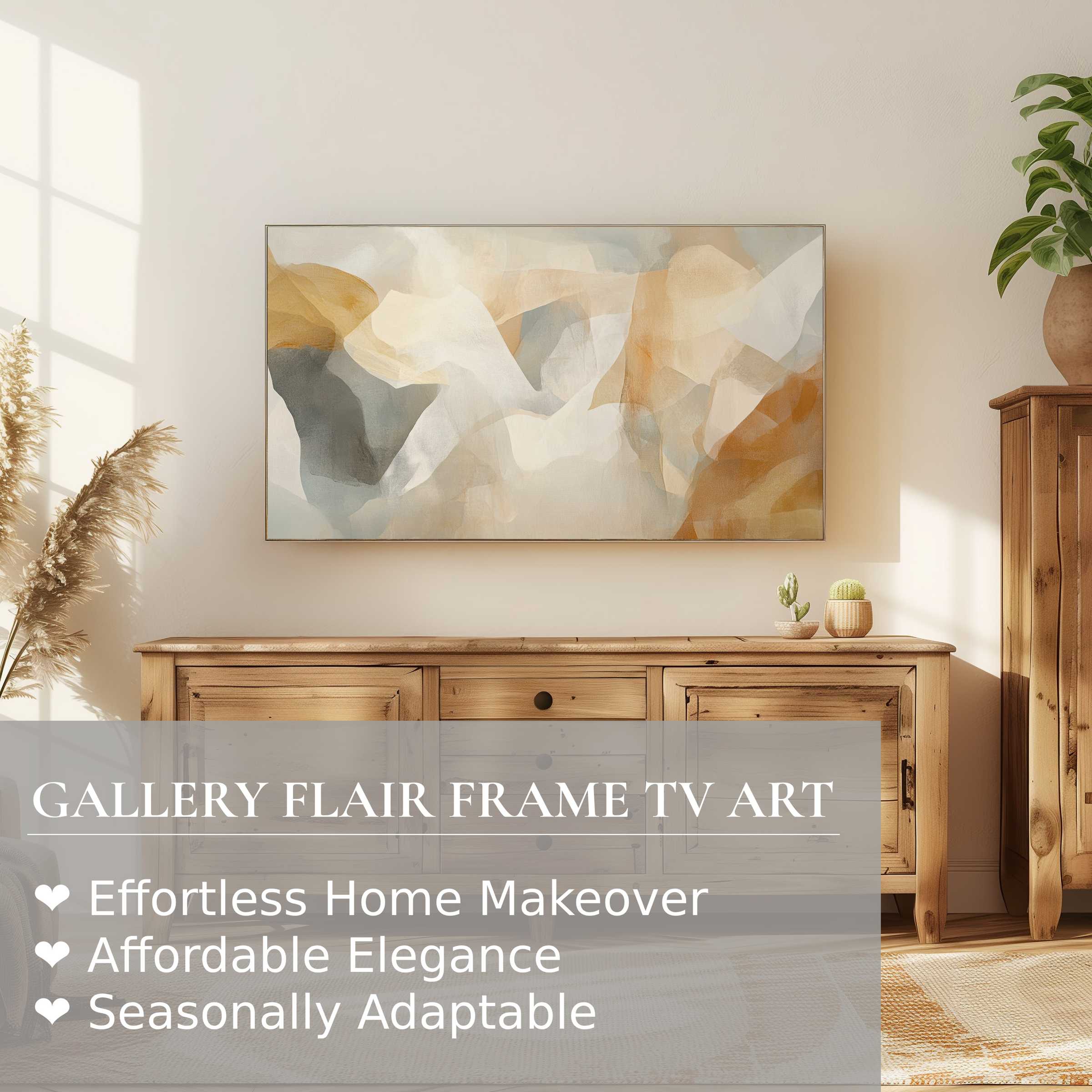 Samsung Frame TV featuring boho digital artwork in a warm, serene setting with natural wood and soft light