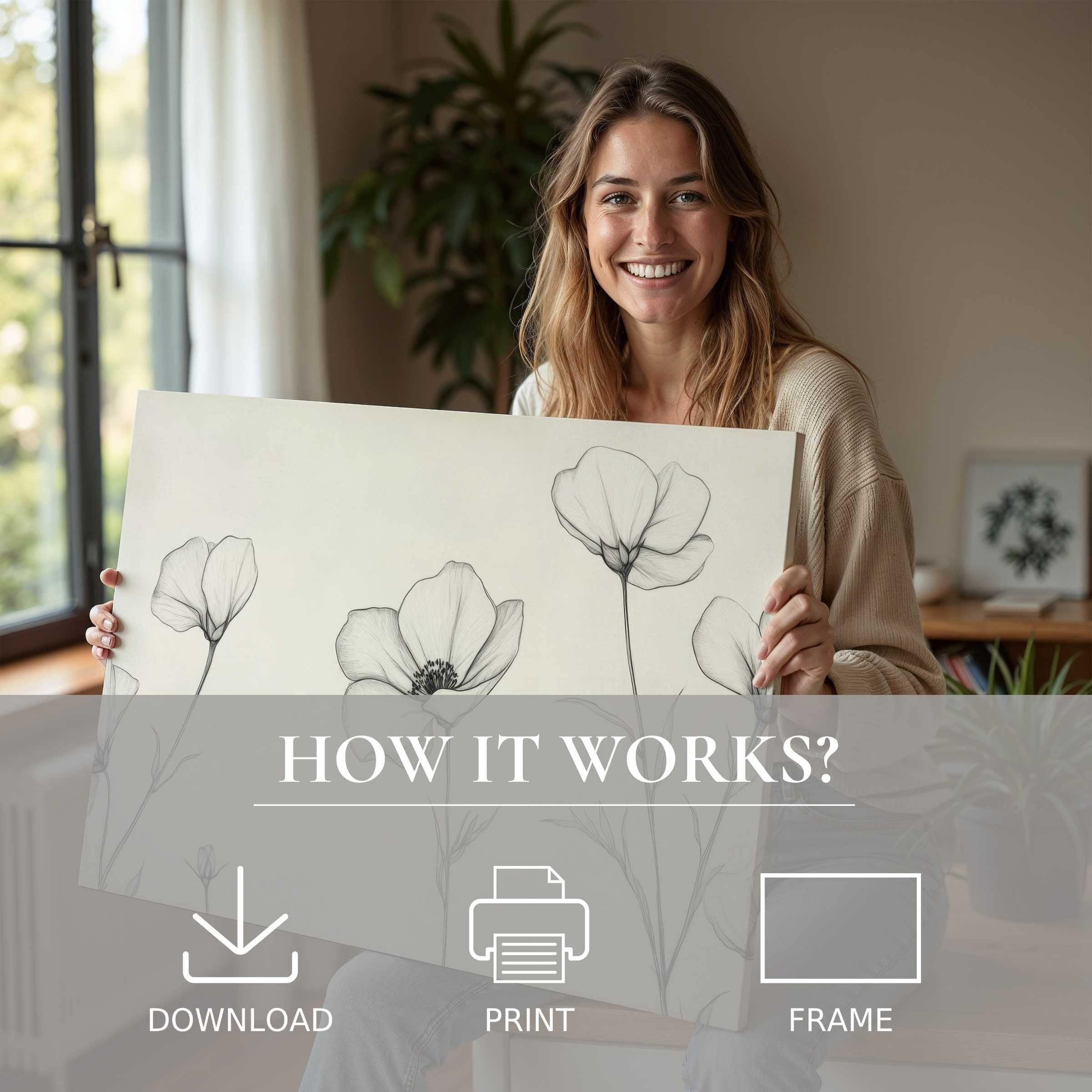 A serene moment of joyful connection with a minimalist digital art print, elevating modern living spaces with ease and elegance