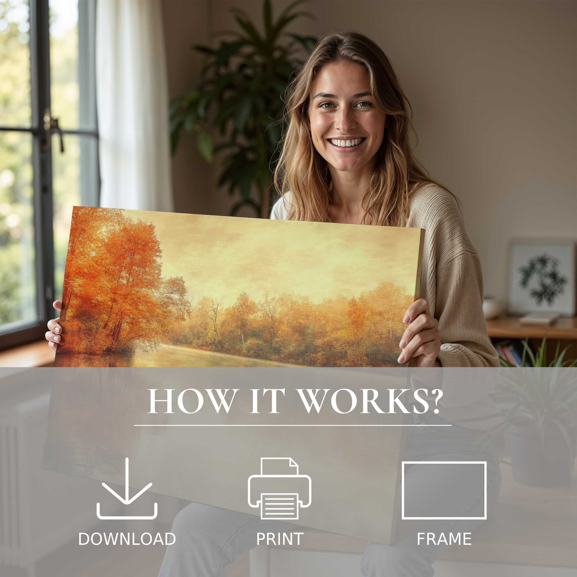 Radiant fall digital art print embraced in a sunlit modern home, capturing serene warmth and effortless elegance