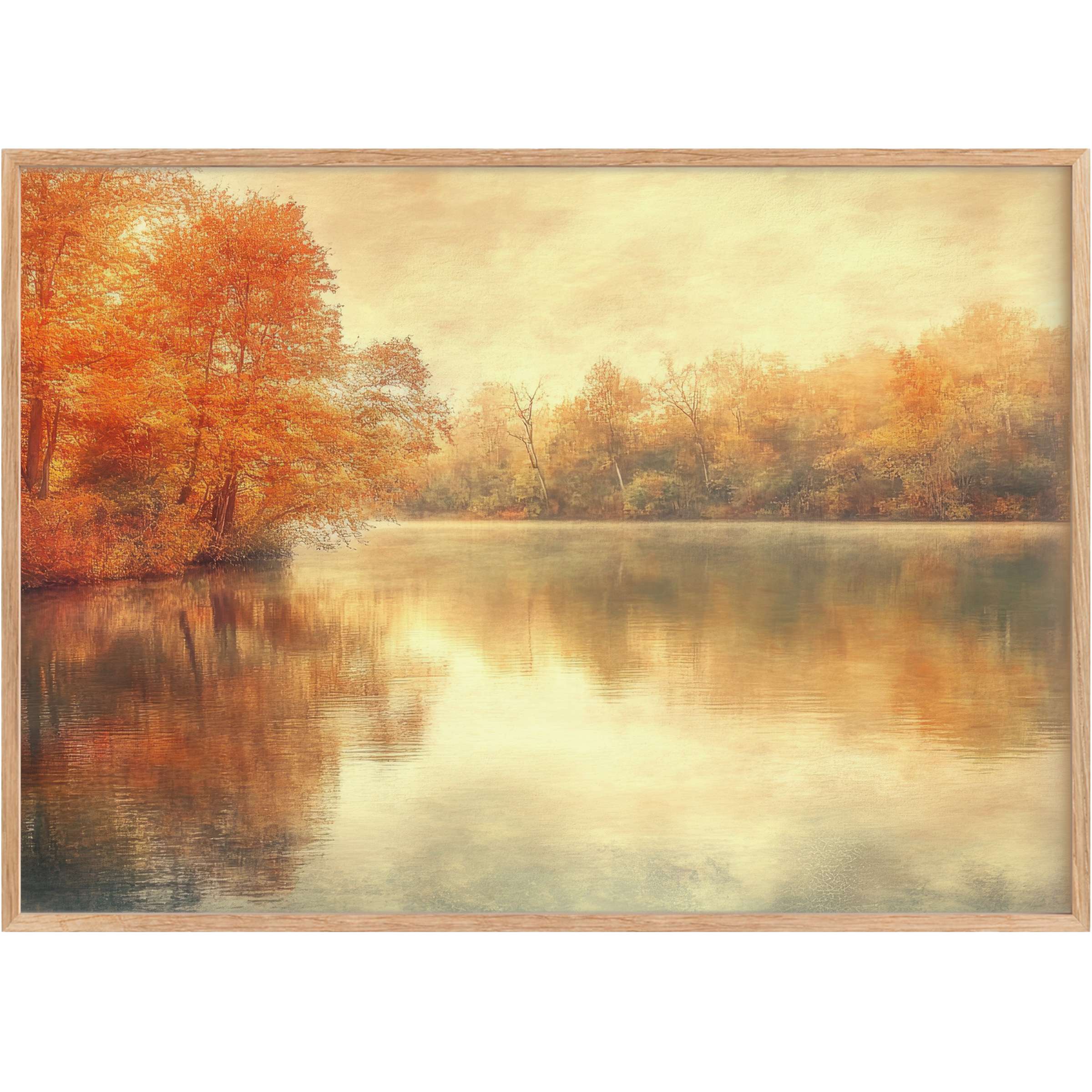 Serene fall printable wall art capturing autumn's golden glow with warm amber and soft hazy reflections, evoking peaceful sophistication