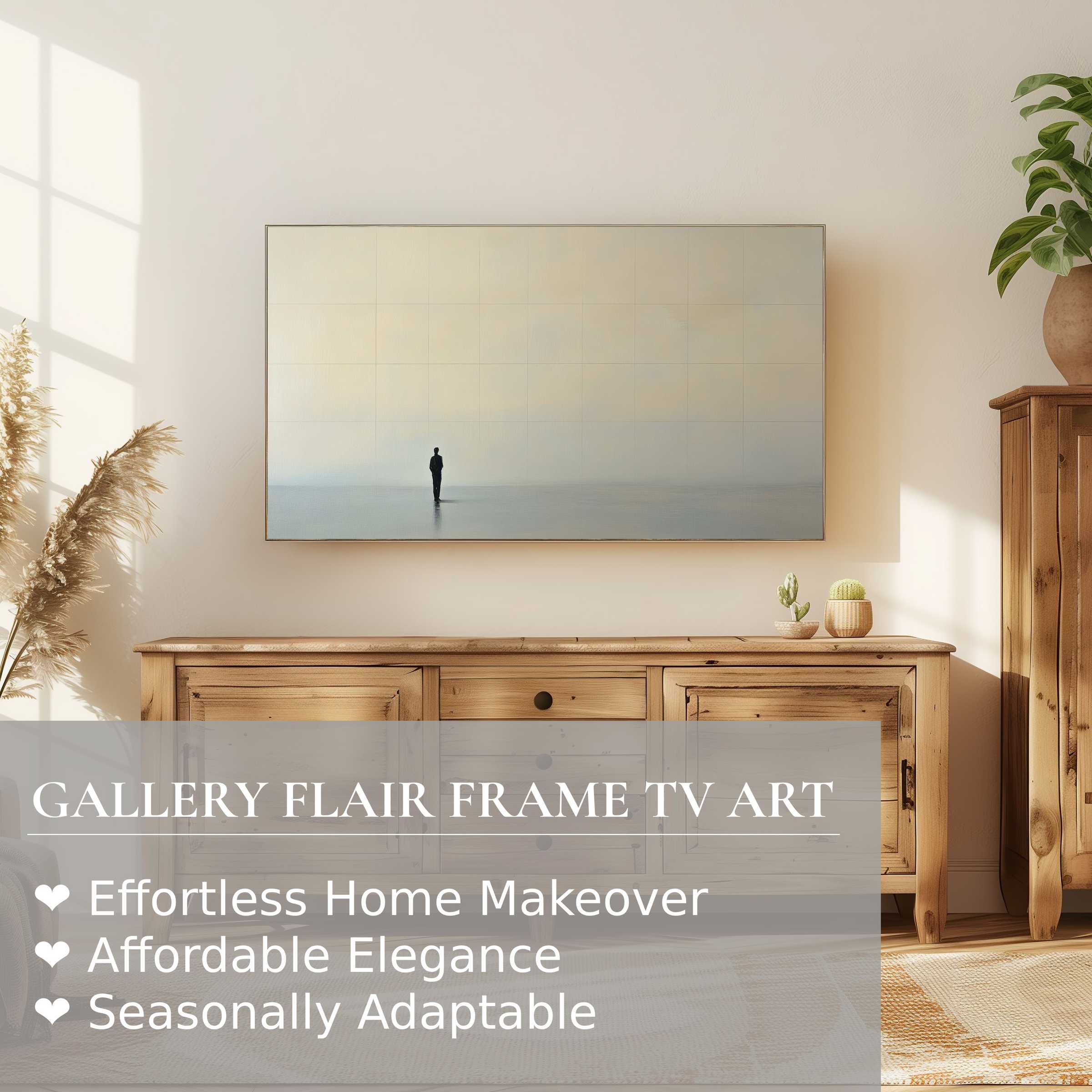 Samsung Frame TV in a serene room displaying refined neutral digital artwork, perfect for elegant home decor