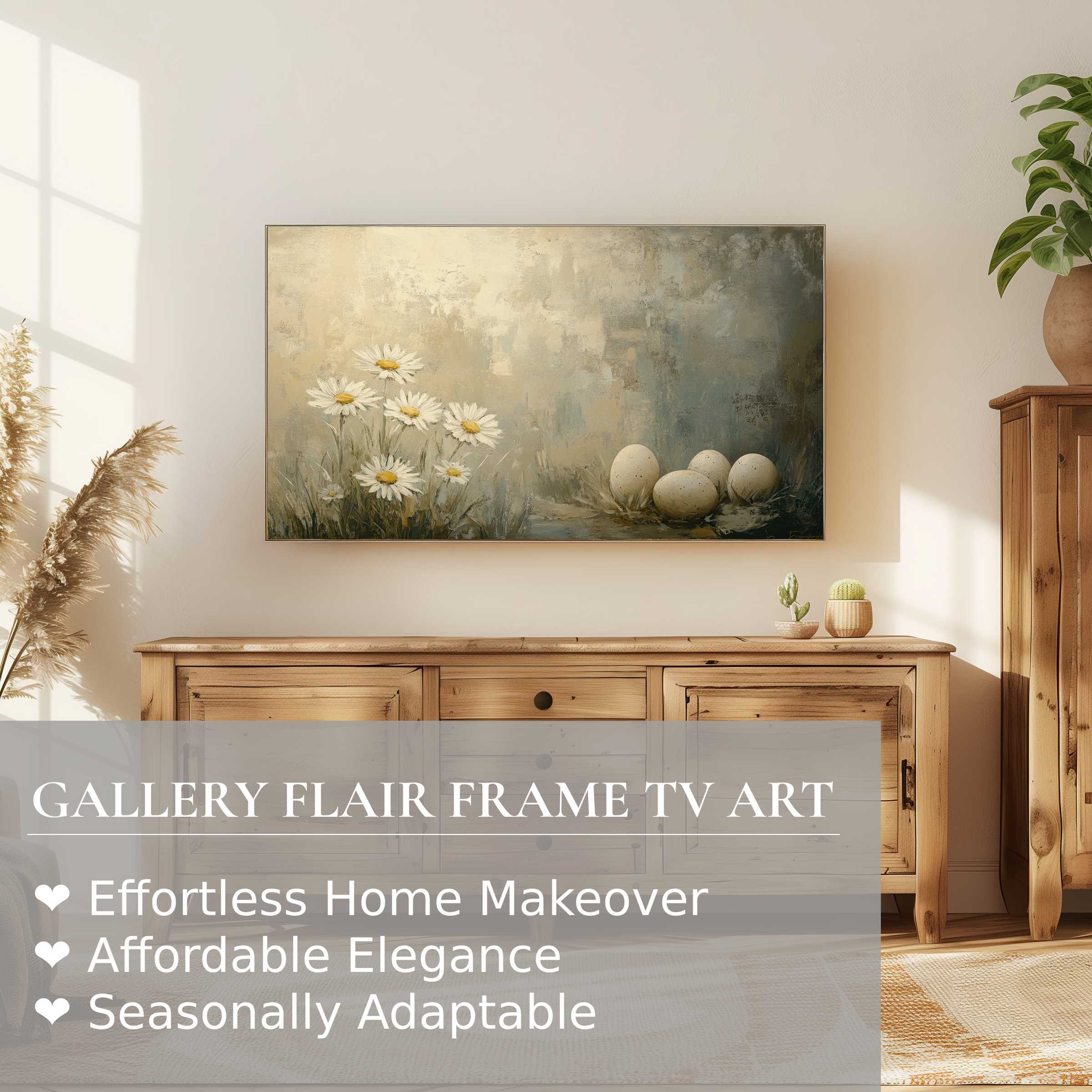 Samsung Frame TV displaying elegant easter digital artwork with daisies and eggs in a serene, modern living room setting