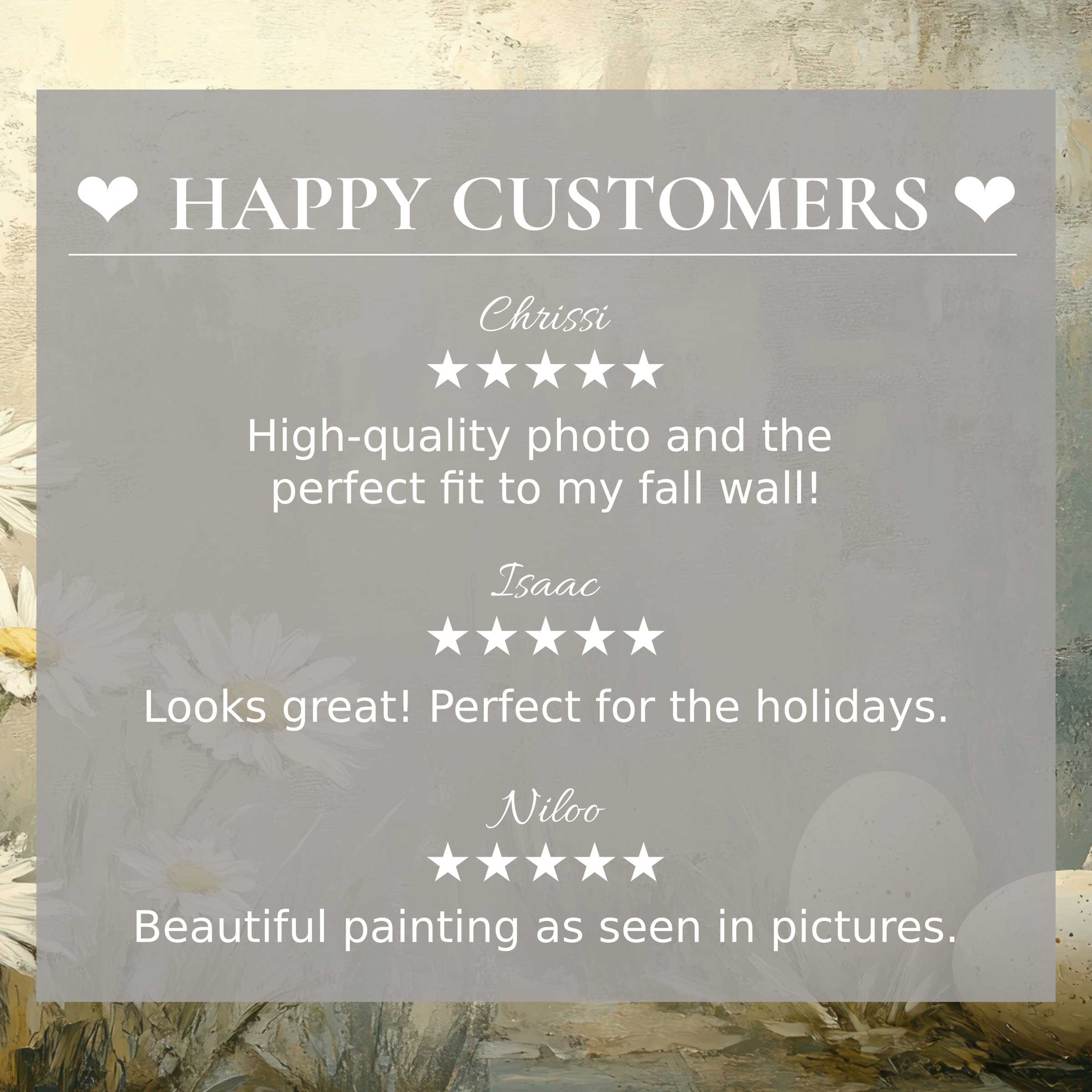 Elegant easter art for Frame TV with soft floral backdrop, showcasing happy customer reviews that inspire trust and style