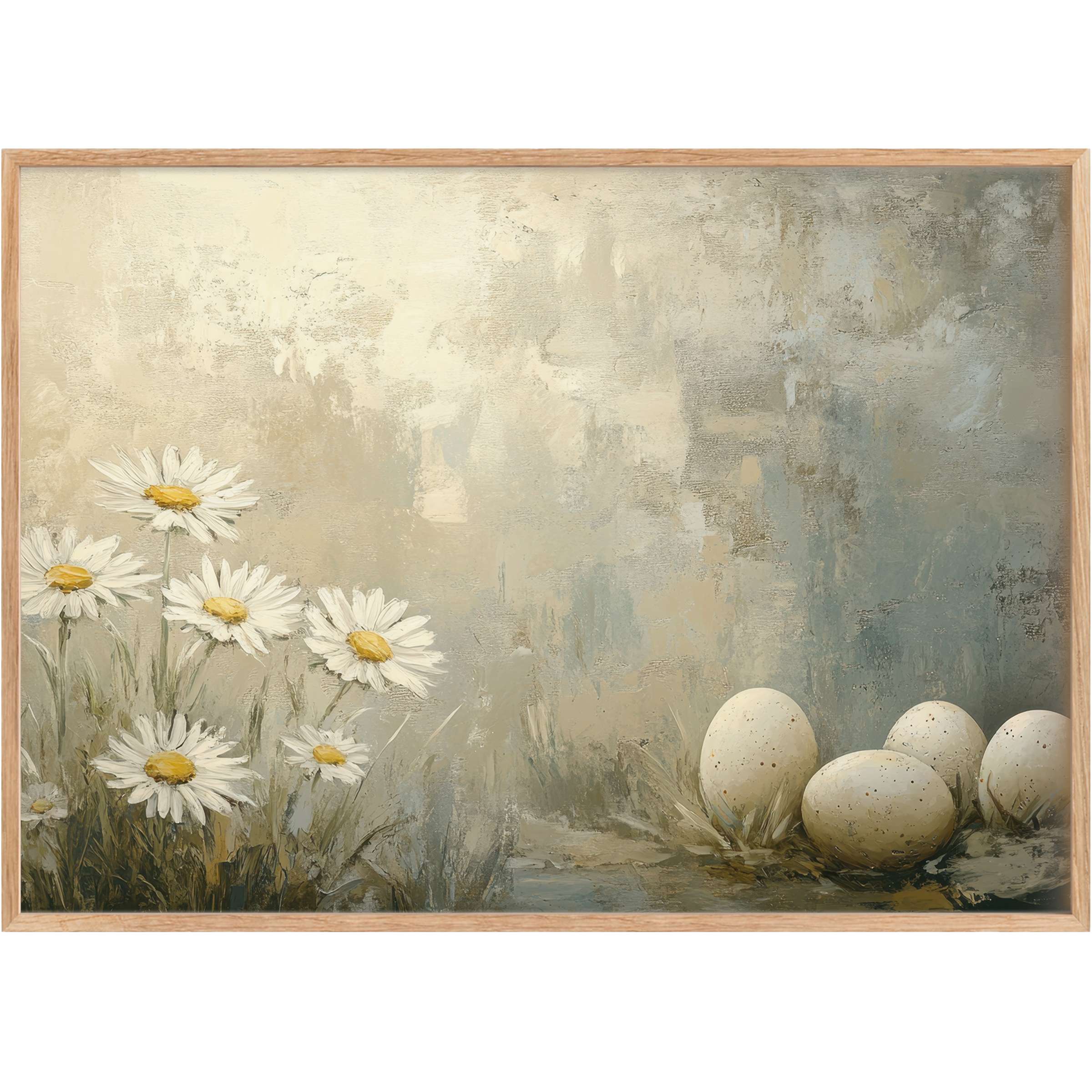 Serene easter printable wall art featuring soft daisies and speckled eggs in muted beige and gray tones, evoking calm renewal