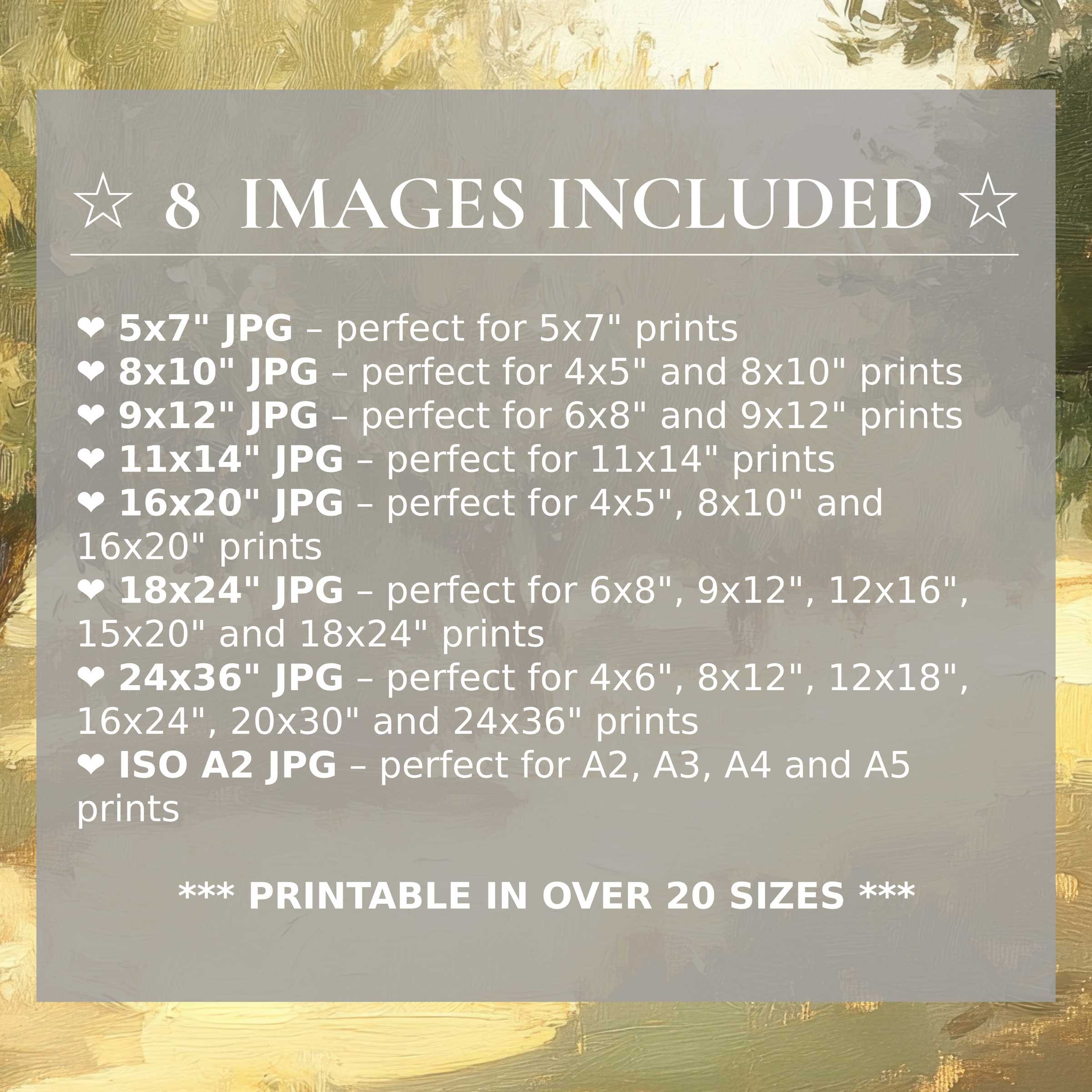 Print size guide showing 8 included JPG formats for versatile wall art printing – perfect for framing in popular sizes from 5x7 to 24x36 and A2