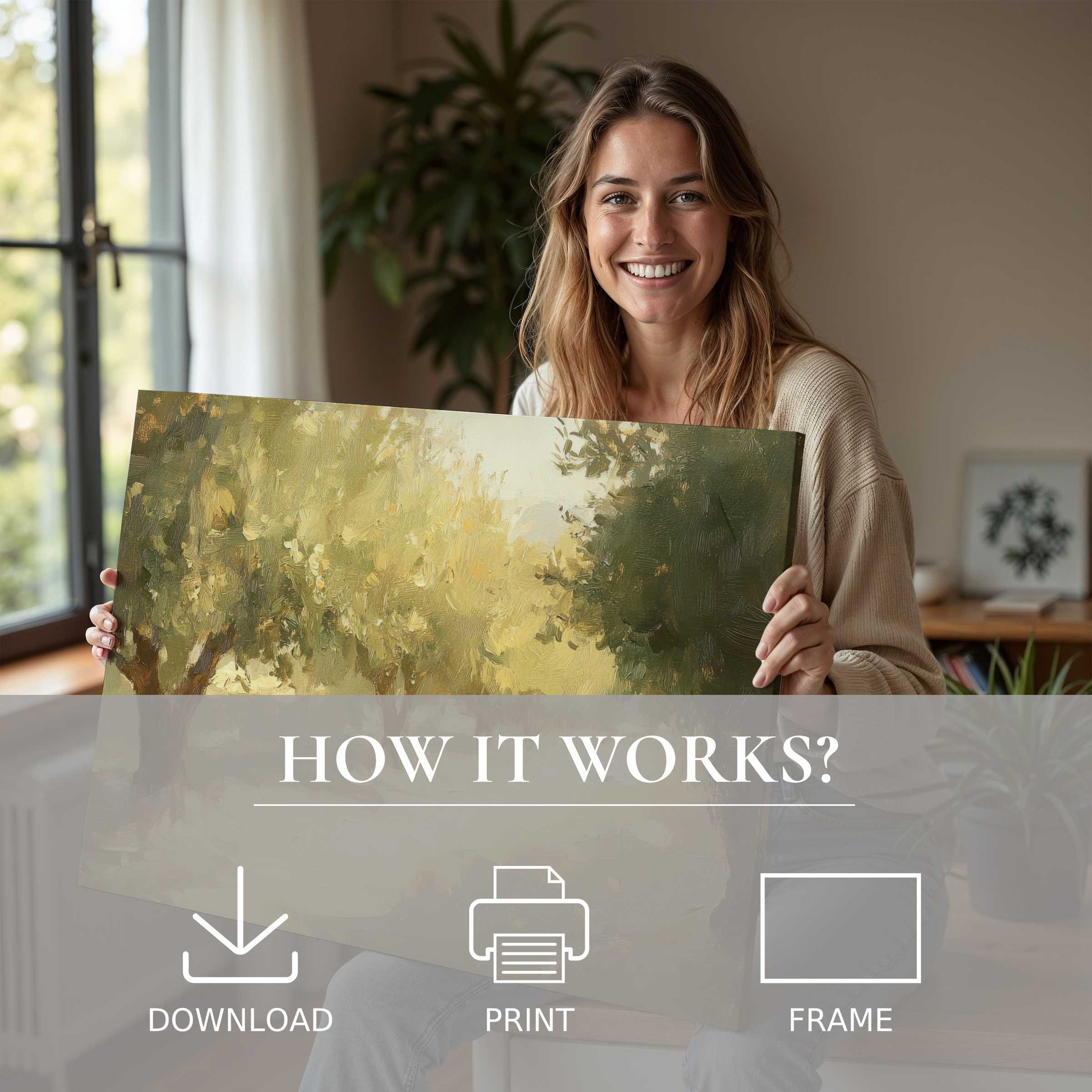 Radiant joy in a modern home as serene tree digital art print breathes warmth, effortlessly elevating everyday living spaces