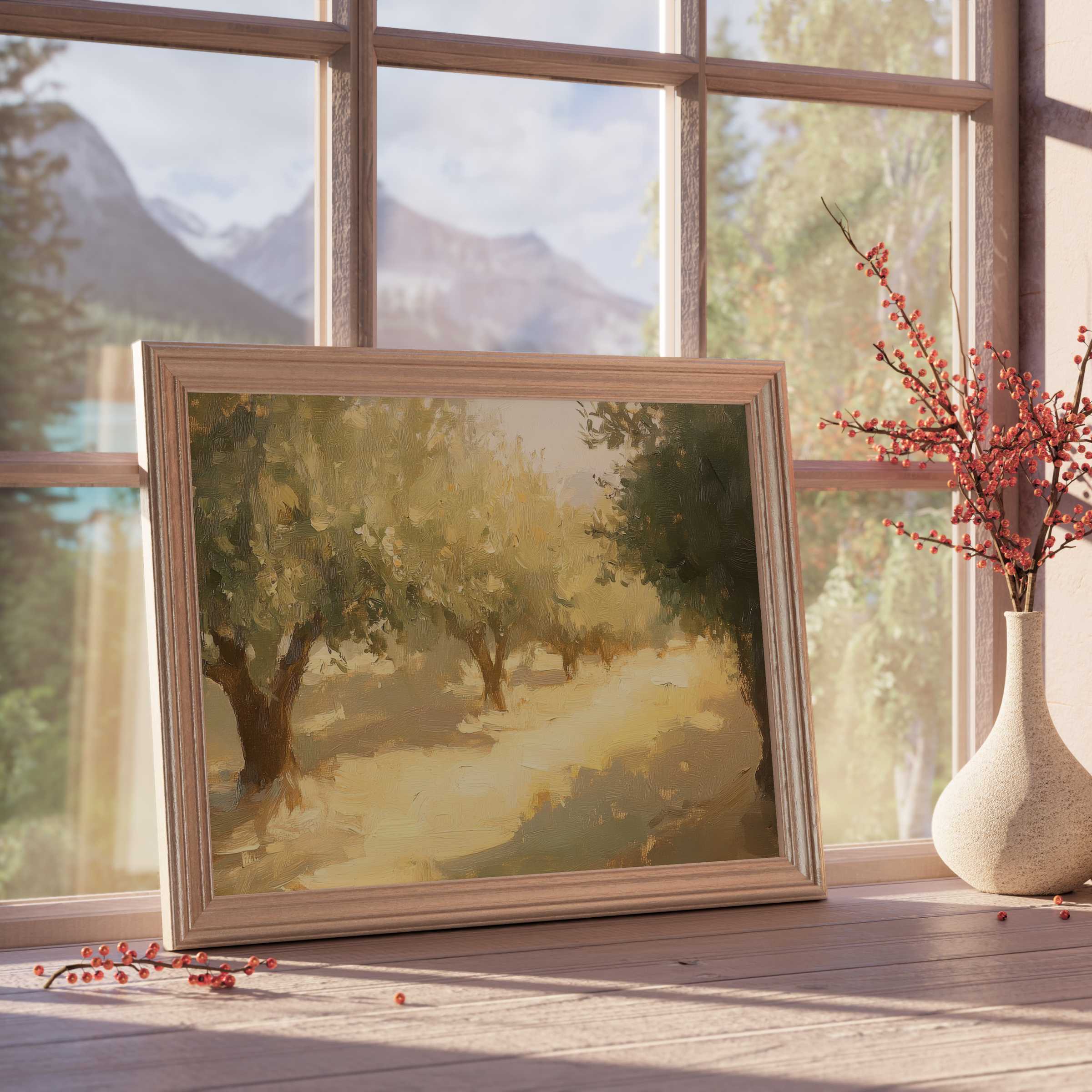 Warm, serene tree downloadable art with soft golden hues, perfect for elevating curated, tranquil, and stylish home interiors