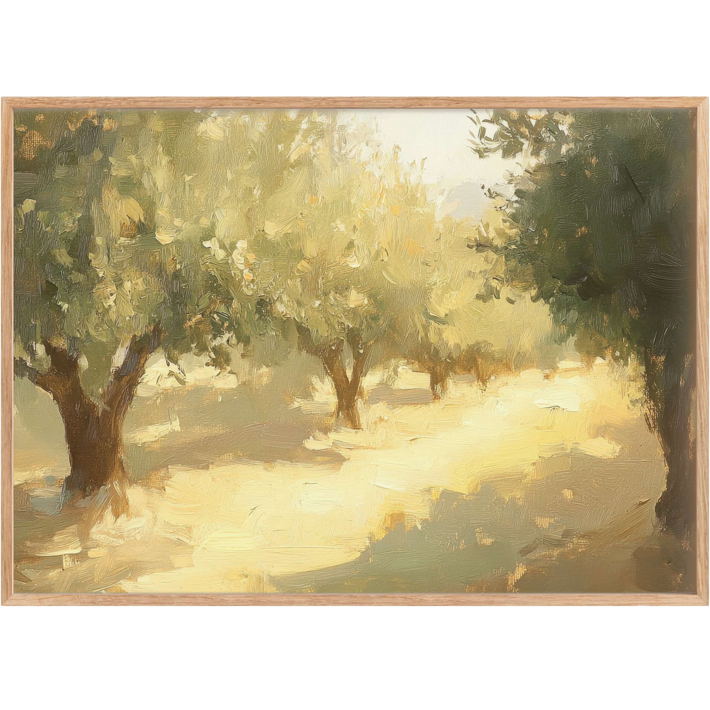 Sun-dappled tree printable wall art radiates warmth with golden hues and soft olive greens, evoking serene, timeless elegance
