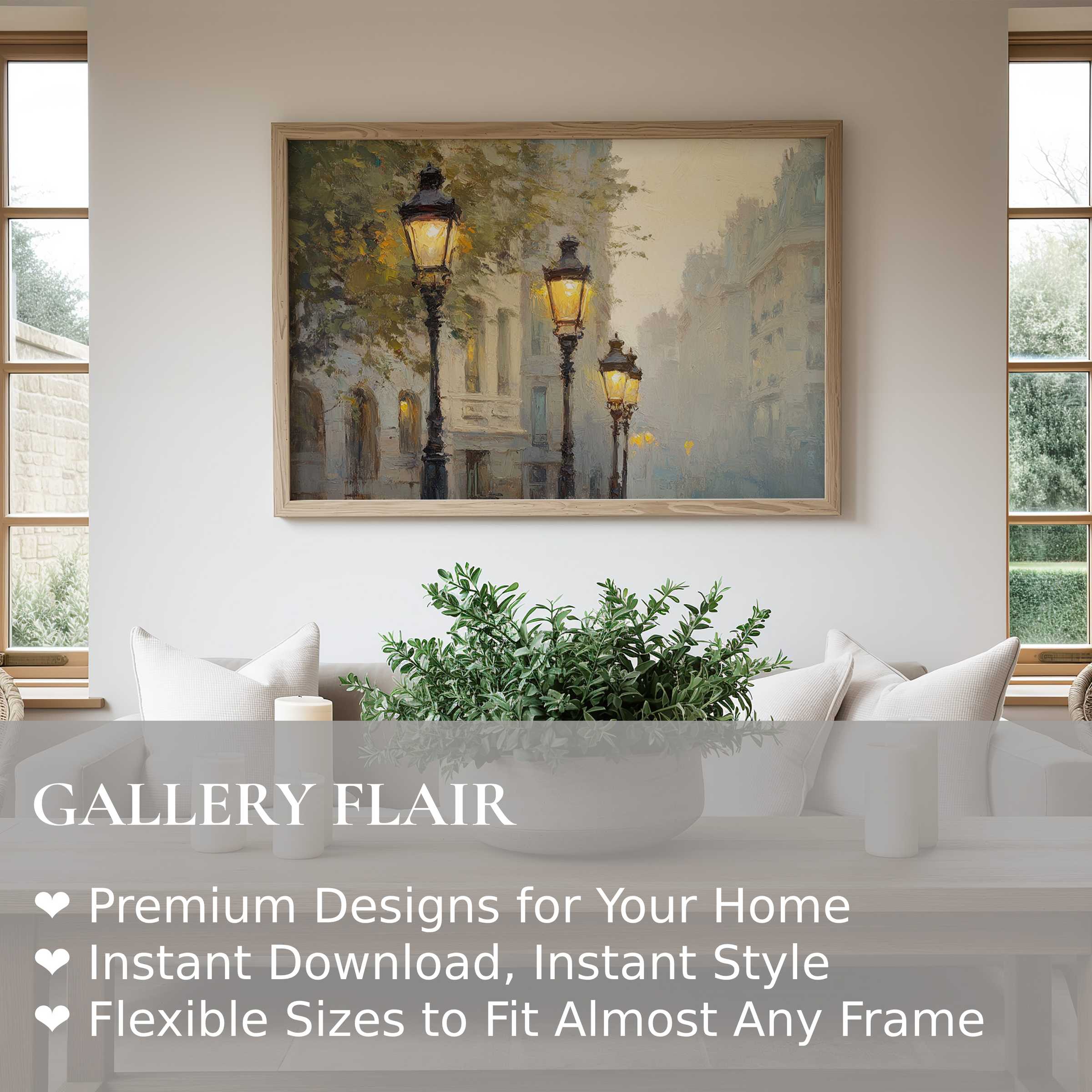 Urban art wall art print capturing softly glowing street lamps on a misty city street, adding a serene, vintage charm to modern minimalist interiors