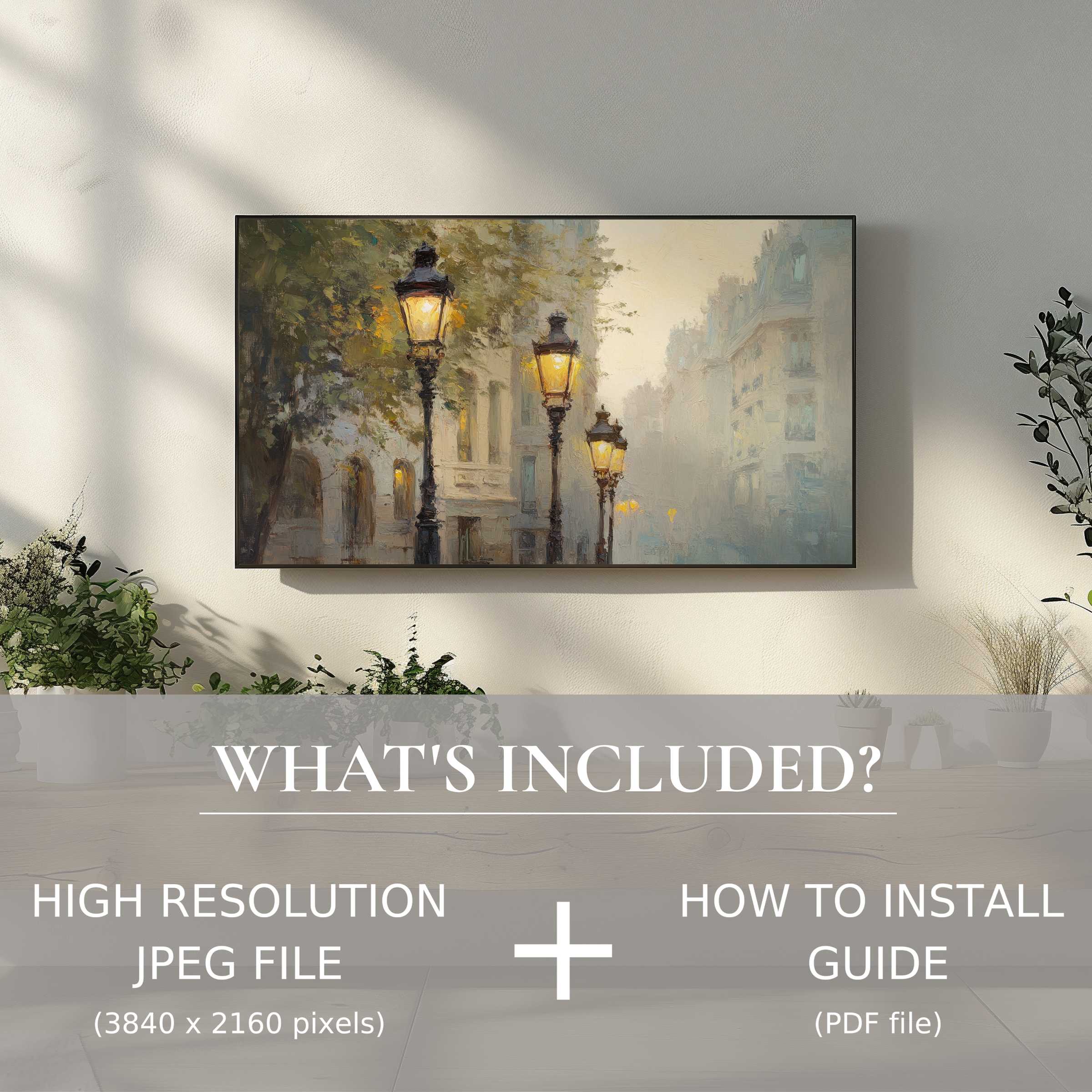 Elegant urban digital TV art download featuring serene street lamps, enhancing your space with effortless digital style