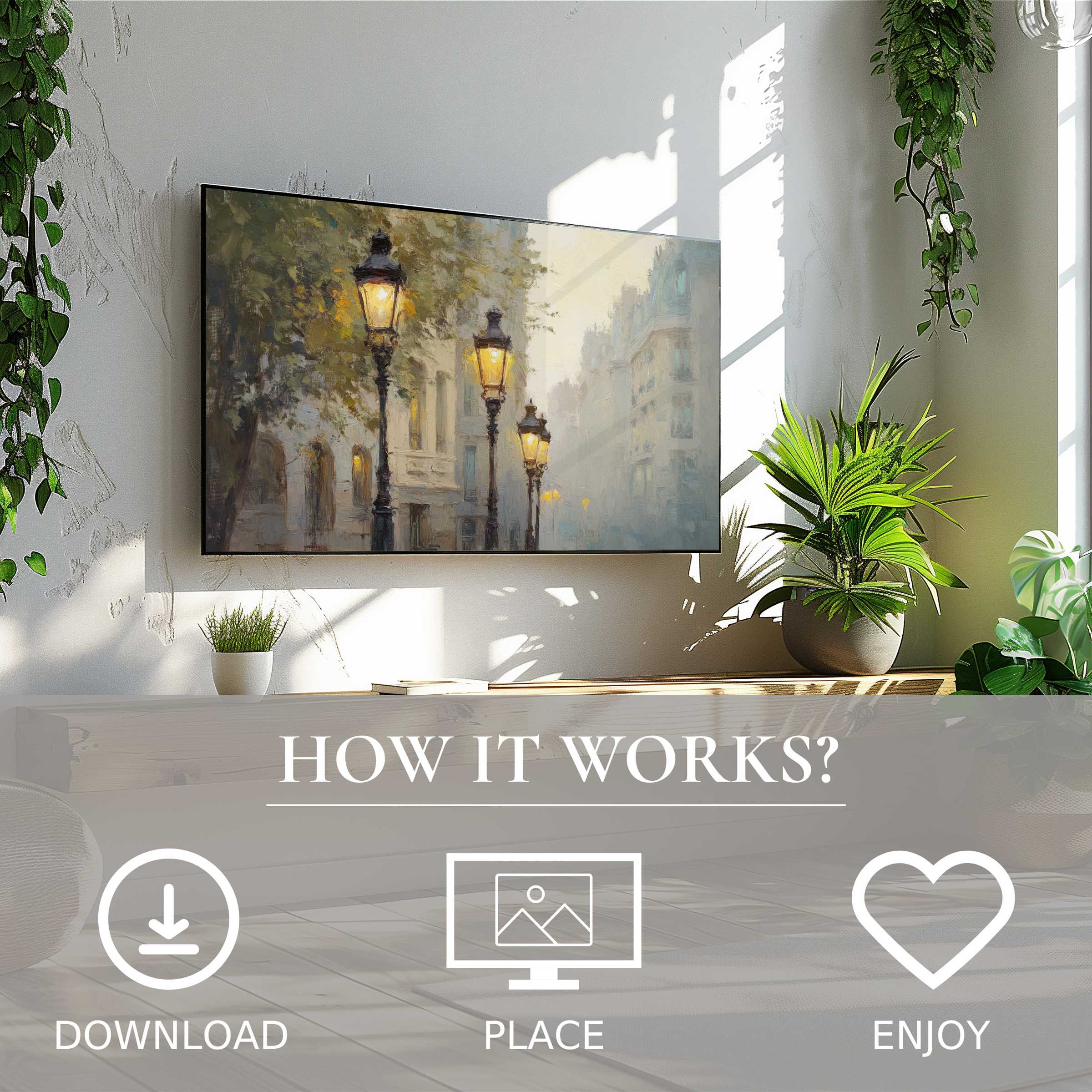 Urban art for Samsung TV: digital download with soft sunset tones enriches modern living spaces with ease and style