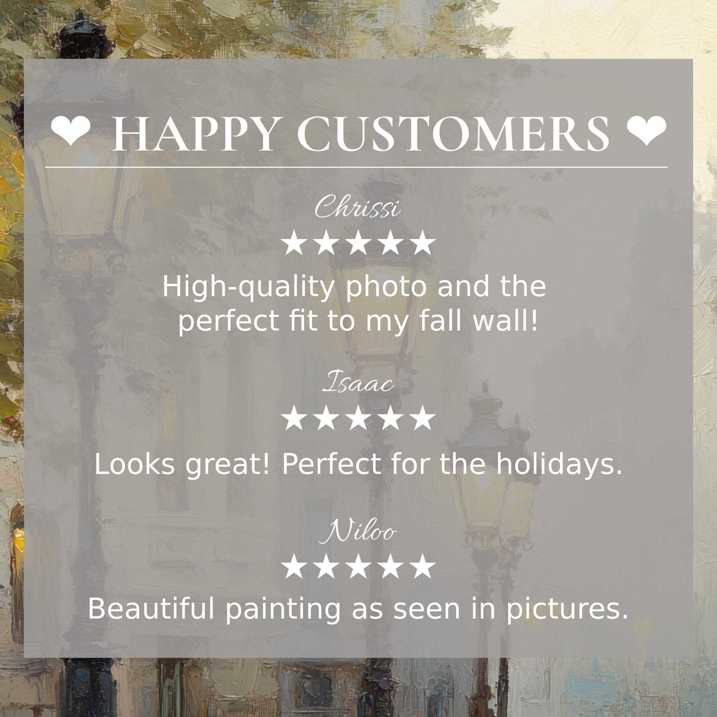 Urban art for Frame TV with an elegant streetlamp backdrop, showcasing happy customer reviews that build trust