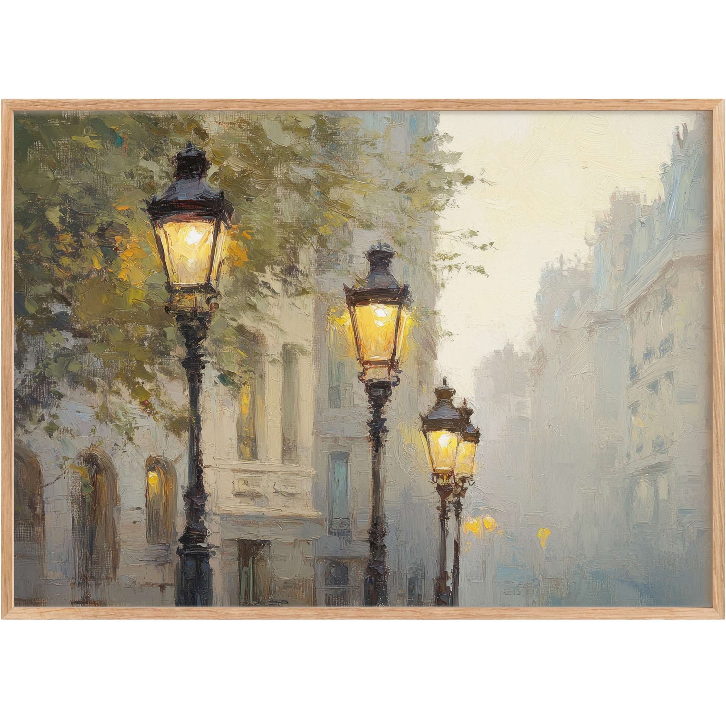 Elegant urban printable wall art capturing misty city streets illuminated by warm amber streetlights, evoking a serene, timeless ambiance