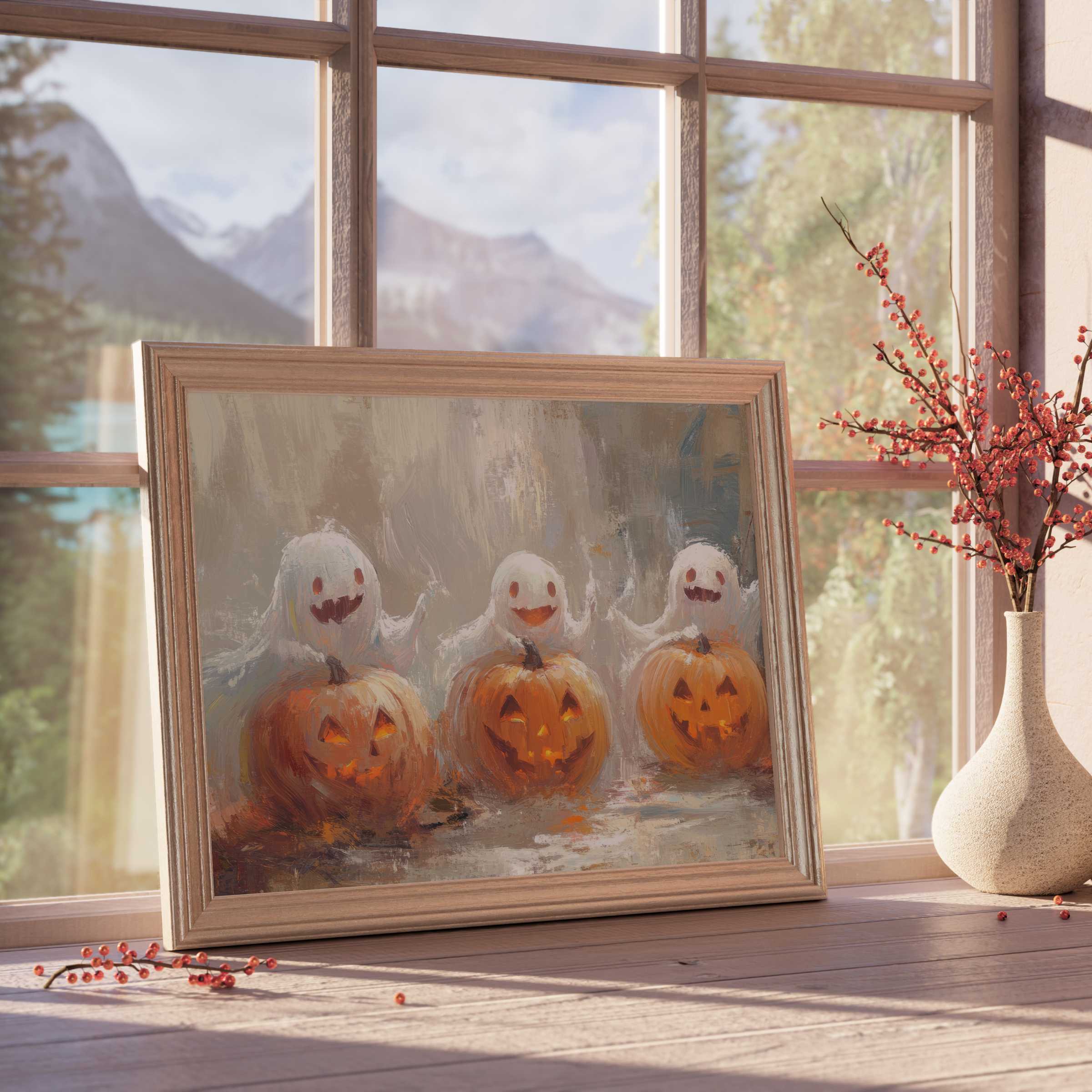 Halloween downloadable art featuring whimsical ghosts and glowing jack-o’-lanterns, elevating curated, tranquil autumn interiors with warm, playful charm