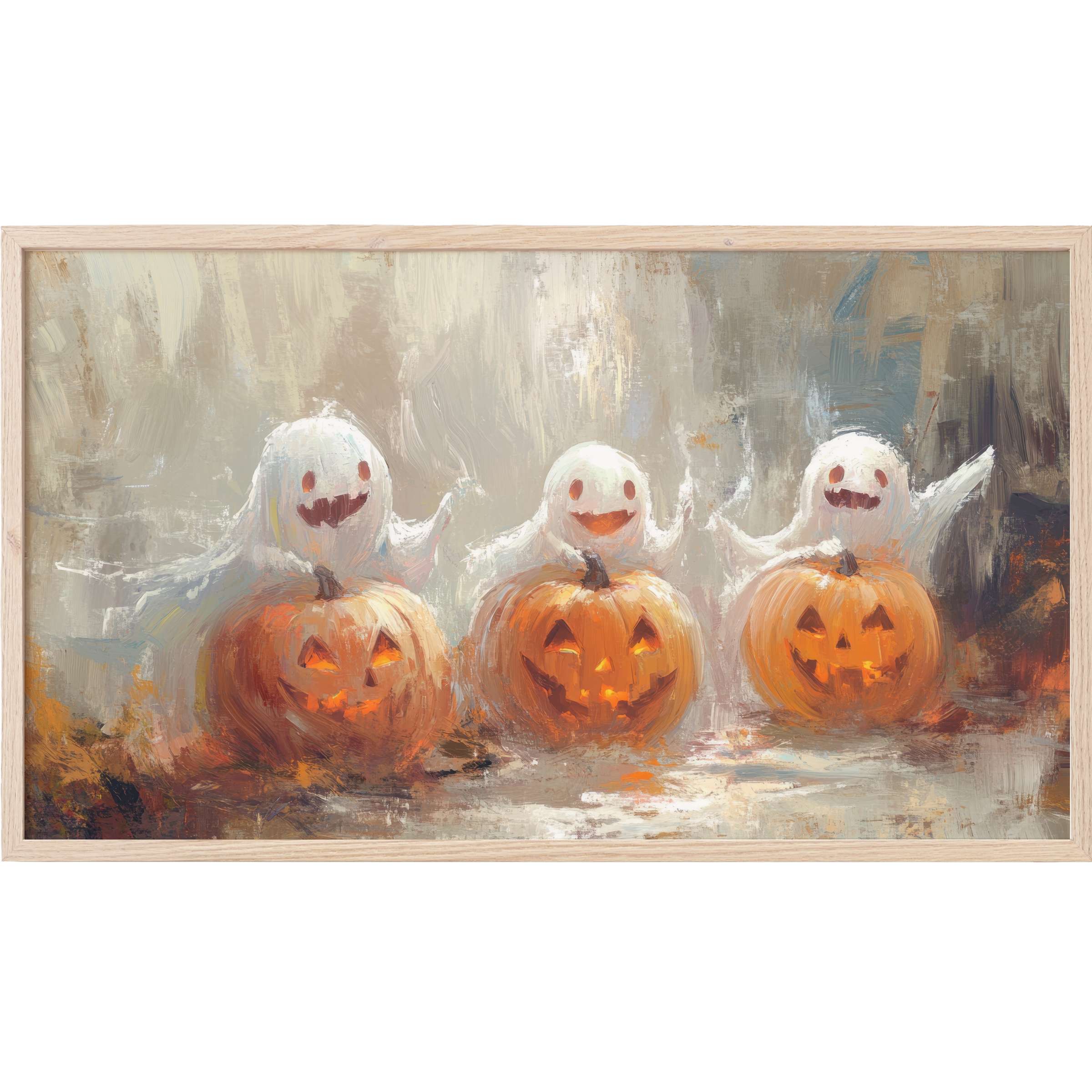 Whimsical ghosts rise from glowing pumpkins in warm tones with soft, painterly textures - halloween Frame TV Art