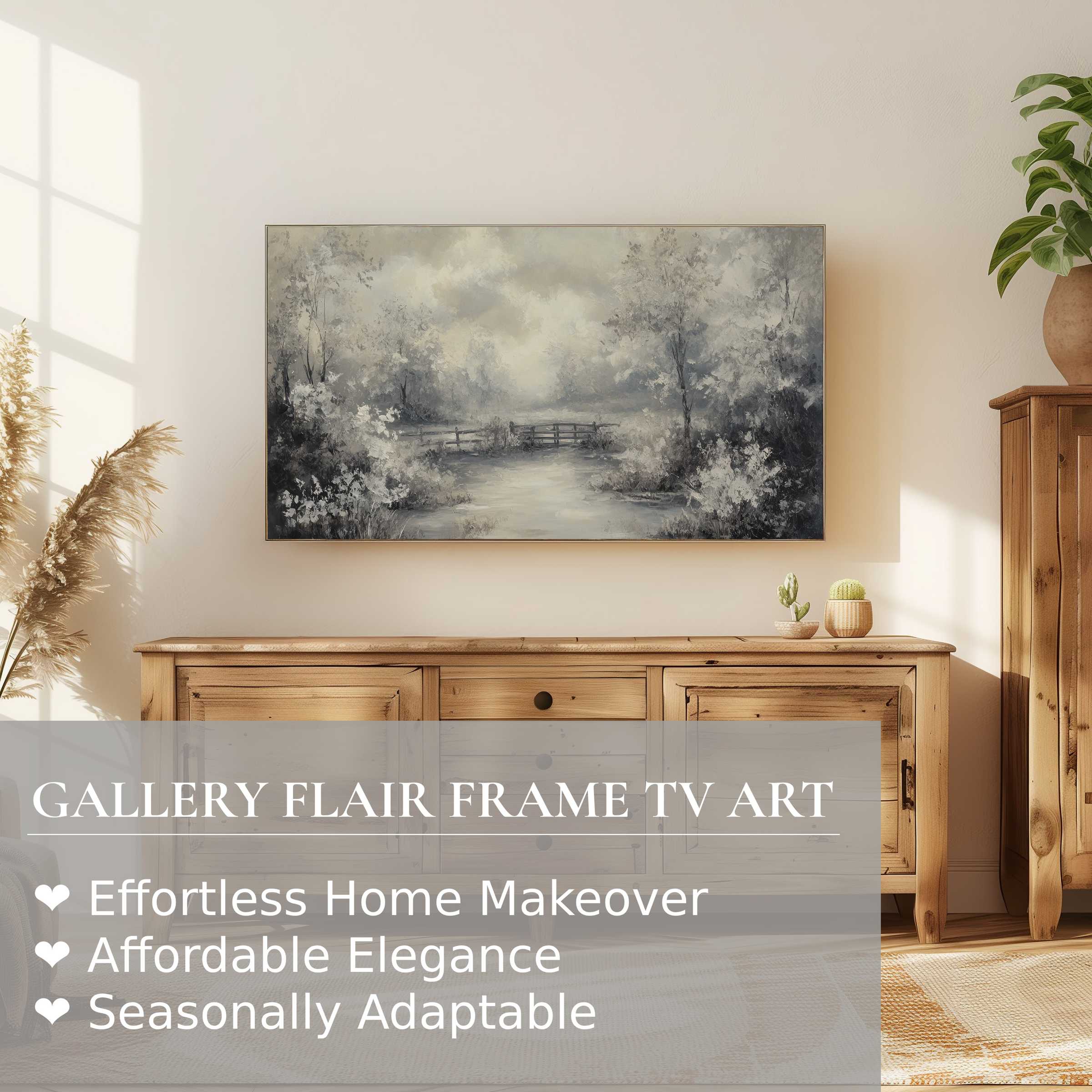 Samsung Frame TV showcasing vintage digital artwork of a serene, muted landscape in an elegant modern setting