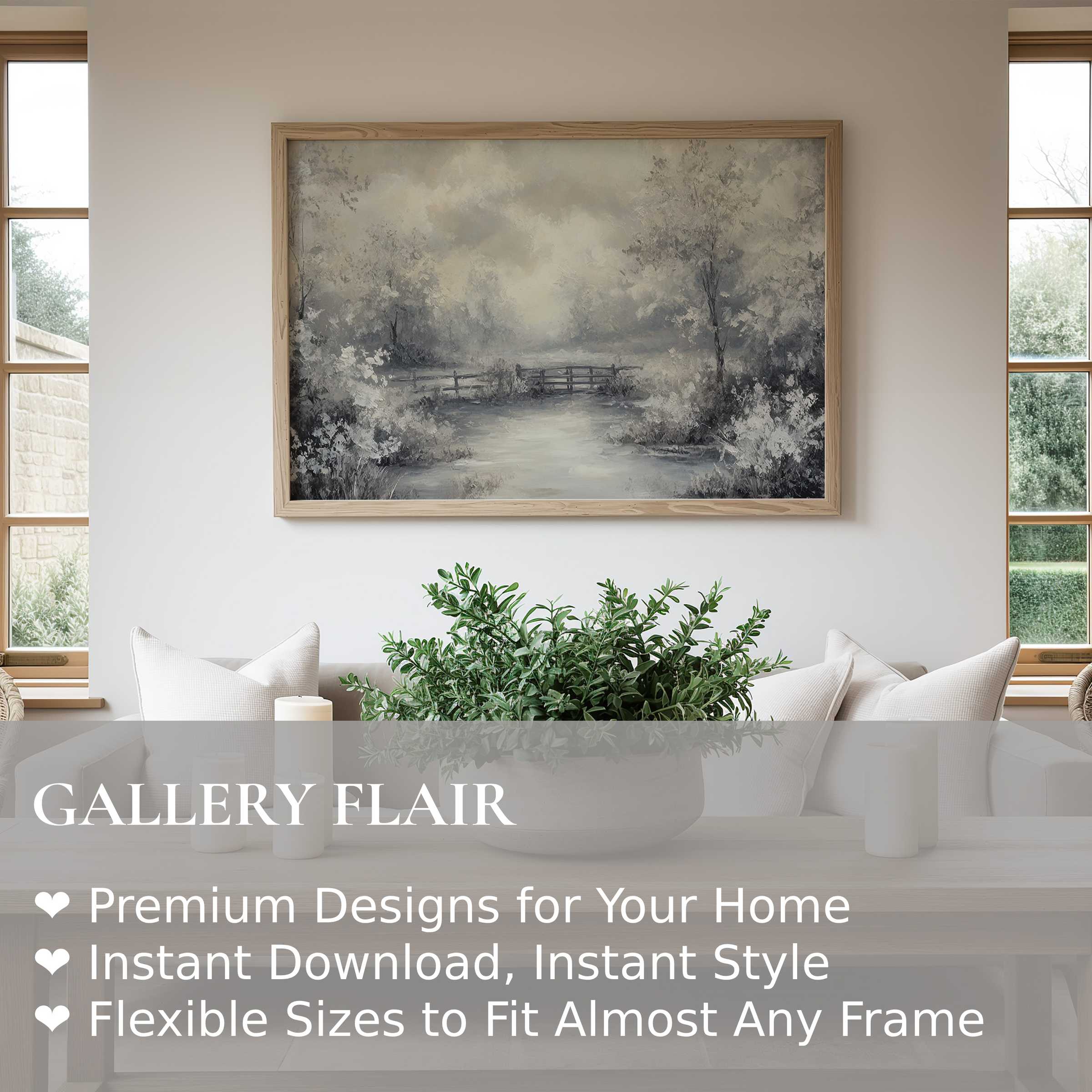 Vintage wall art print in muted grayscale tones evokes a serene countryside scene, enhancing modern minimalist interiors with calm sophistication and timeless charm