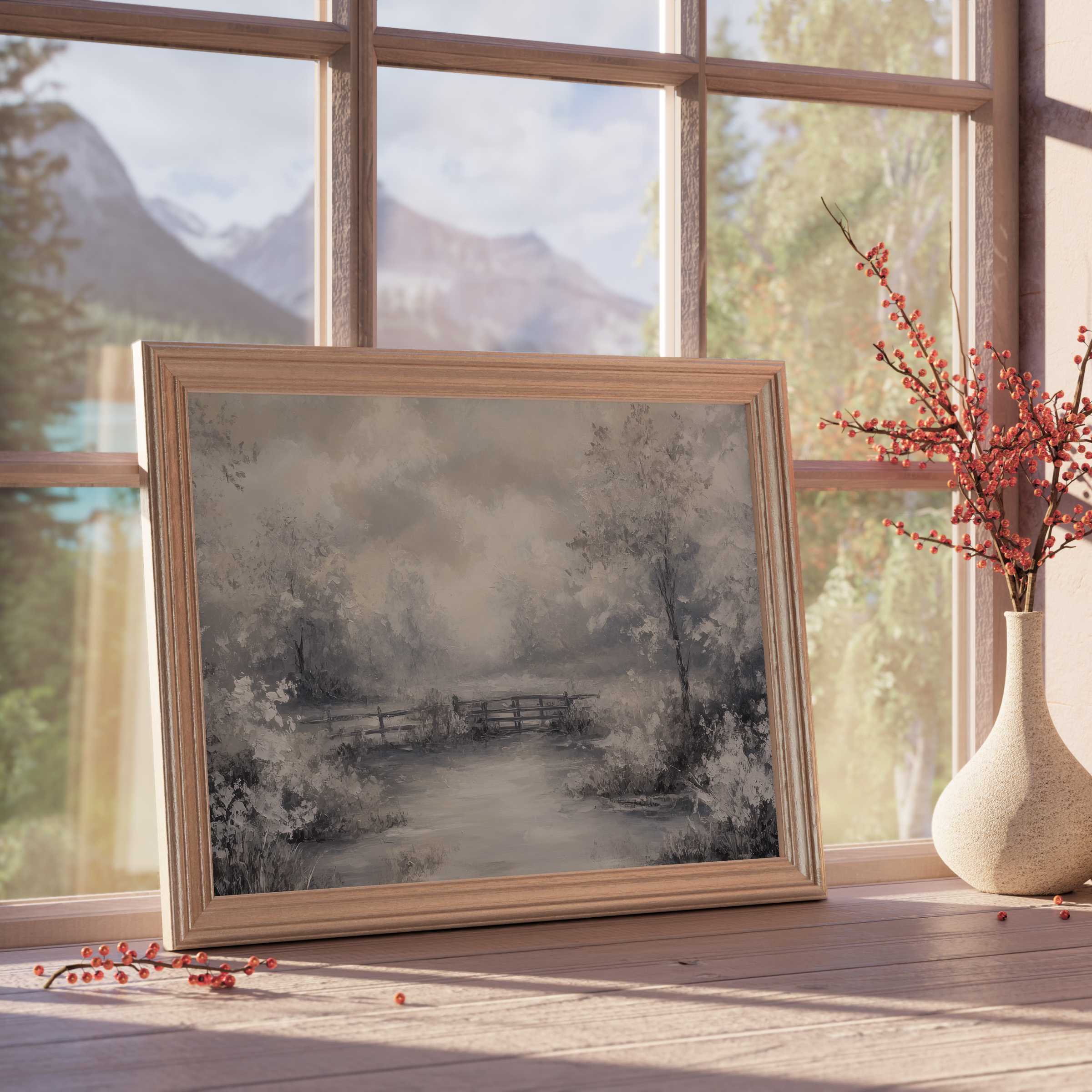 Vintage downloadable art captures serene countryside charm in muted tones, elevating tranquil, curated interiors with timeless elegance