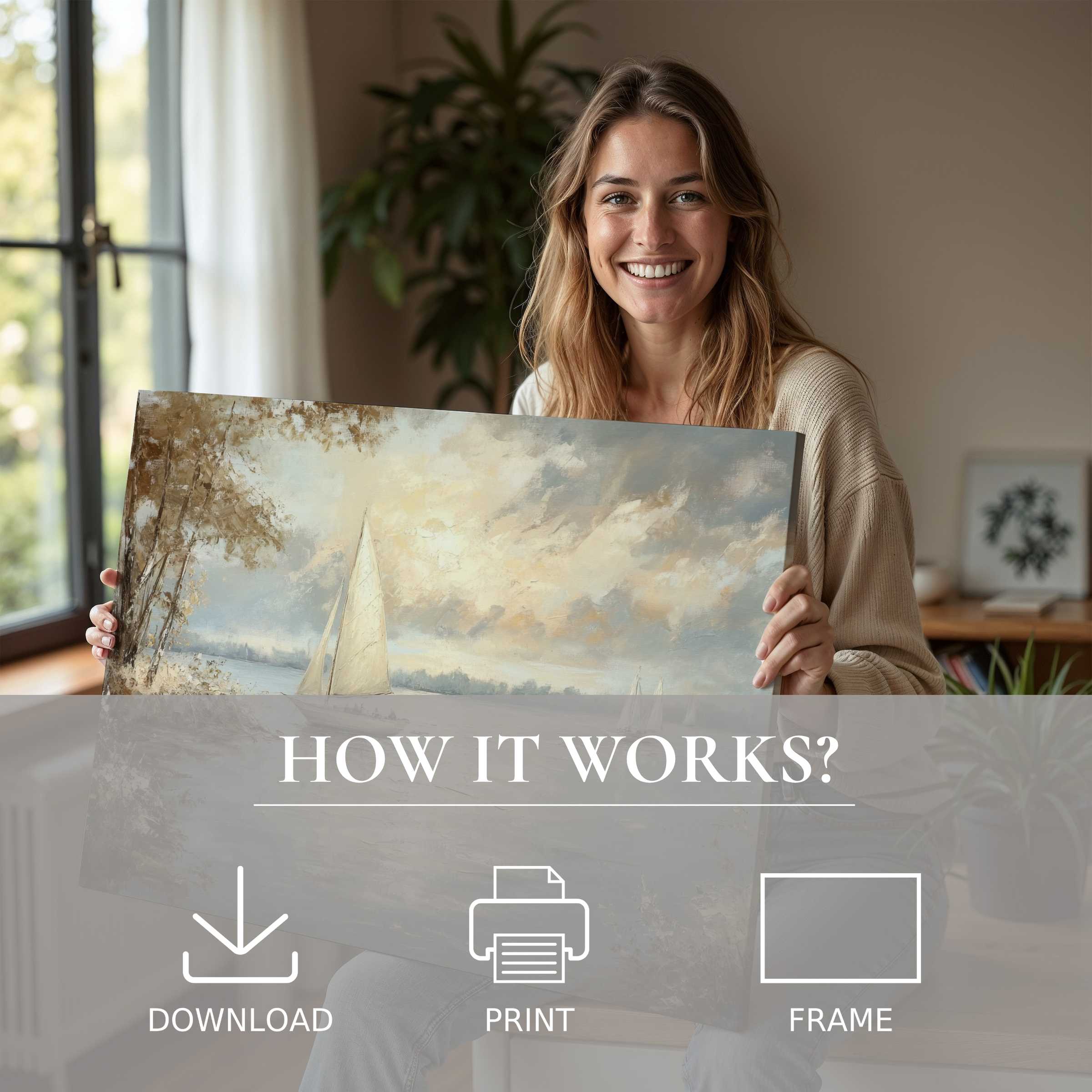 Coastal digital art print evokes tranquil joy, enriching modern homes with effortless elegance and soulful connection to art